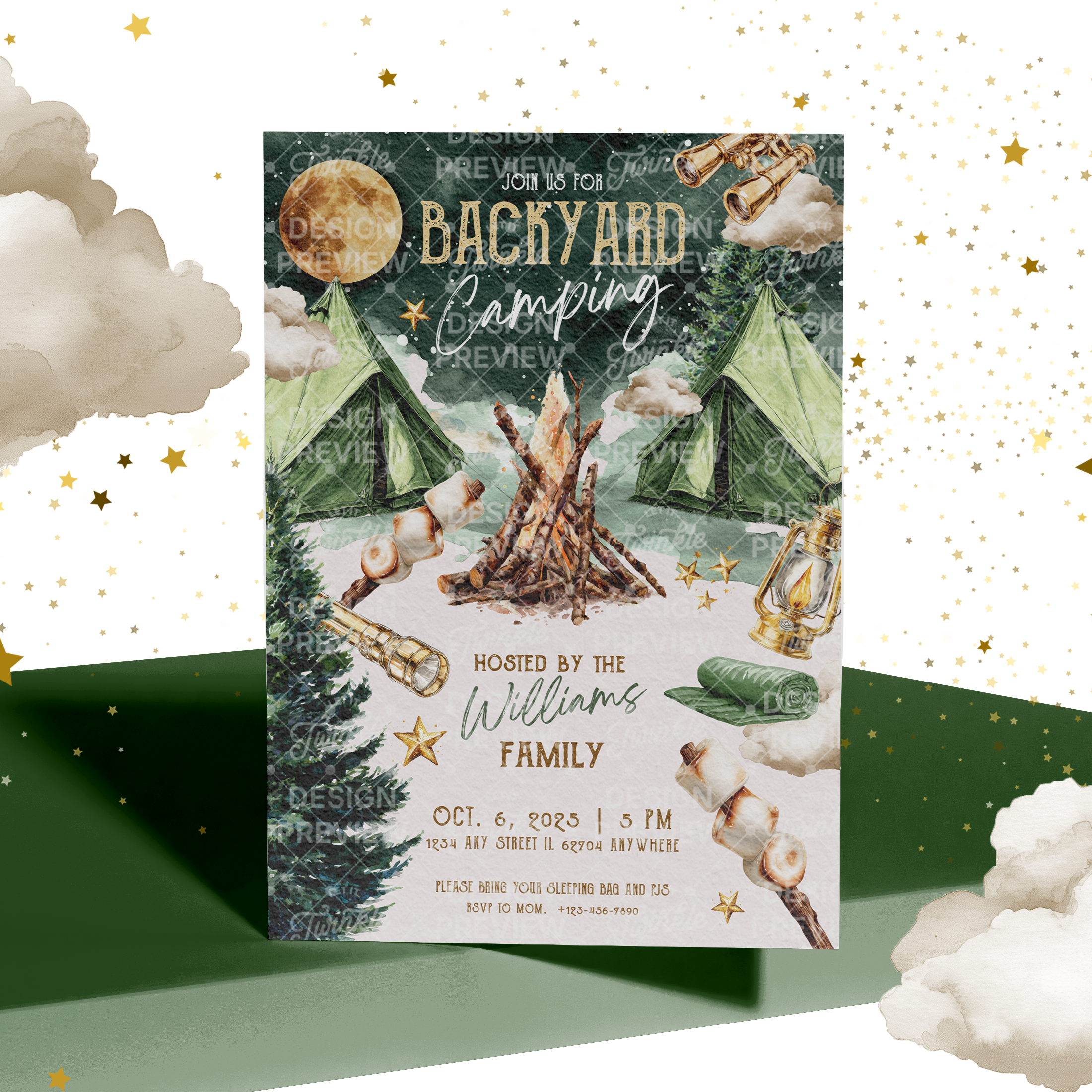 Camping Birthday Invitation Template • Editable Canva Invitation • Beige & Green