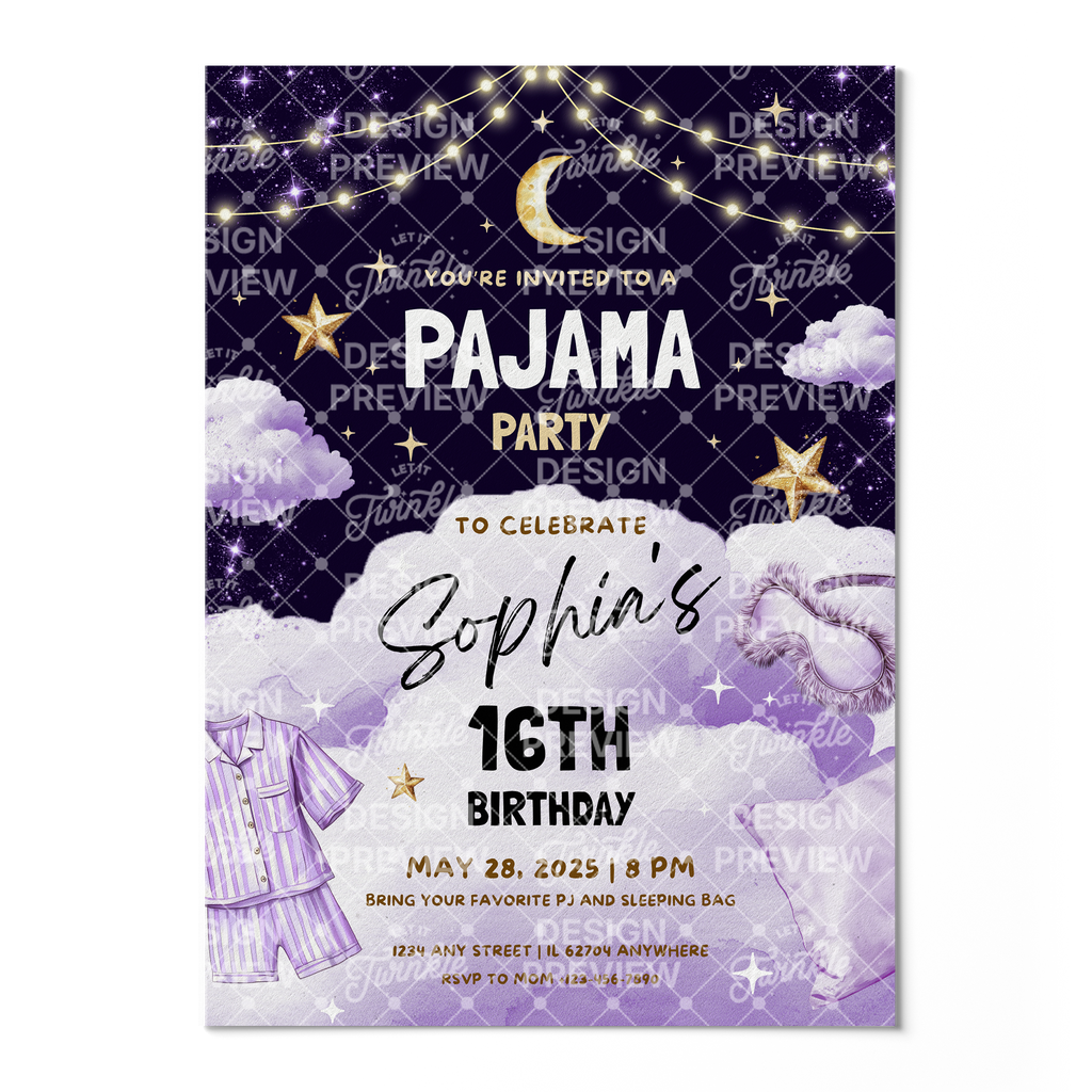 Pajama Party Night Birthday Invitation Template • Editable Canva Invitation • Purple, Black & Gold