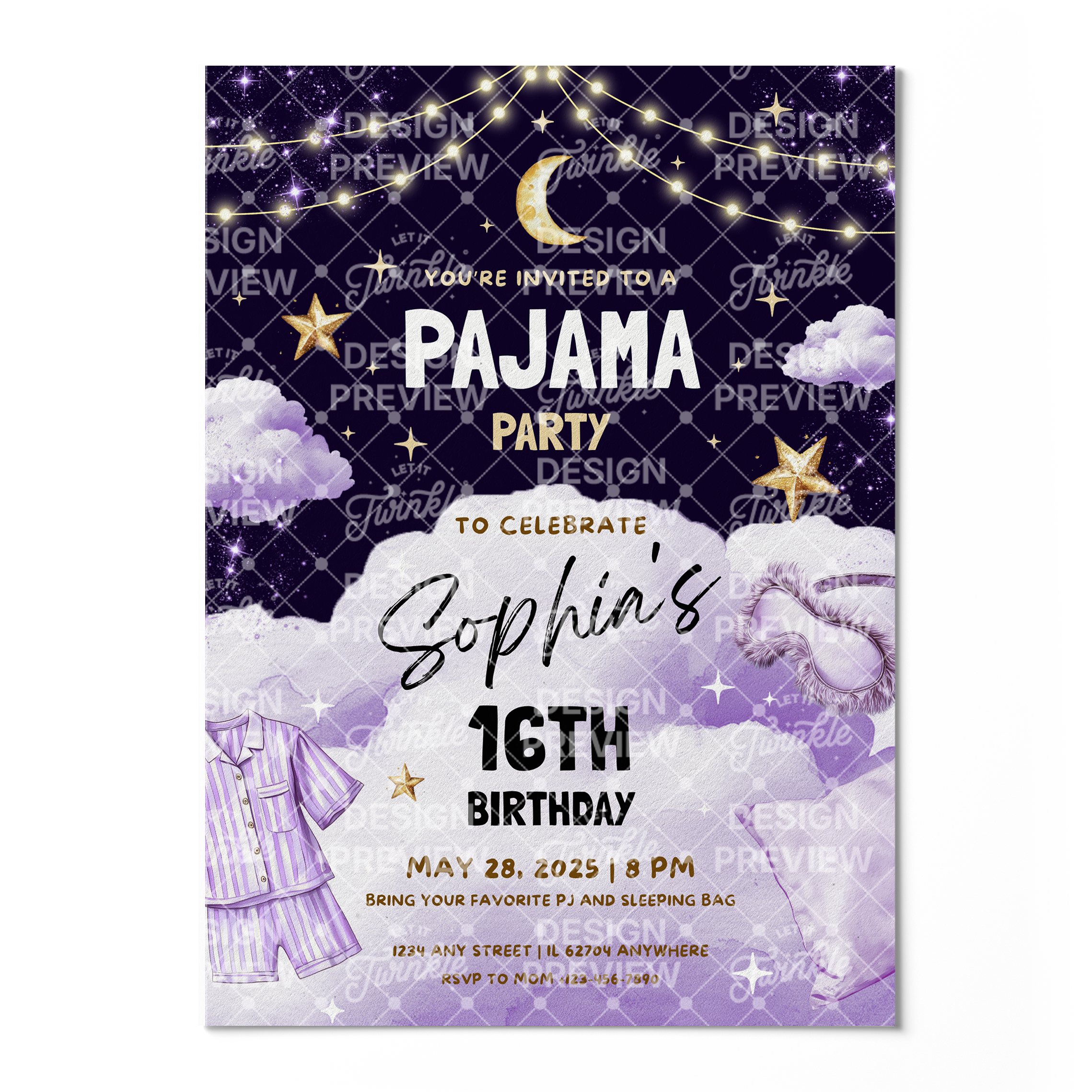 Pajama Party Night Birthday Invitation Template • Editable Canva Invitation • Purple, Black & Gold