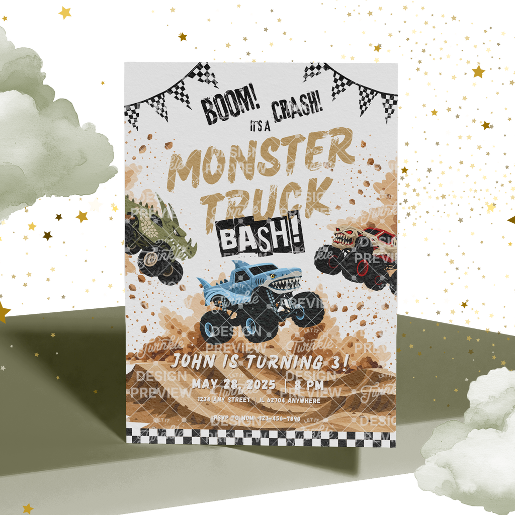 Monstertruck Geburtstagseinladung Lila & Blau