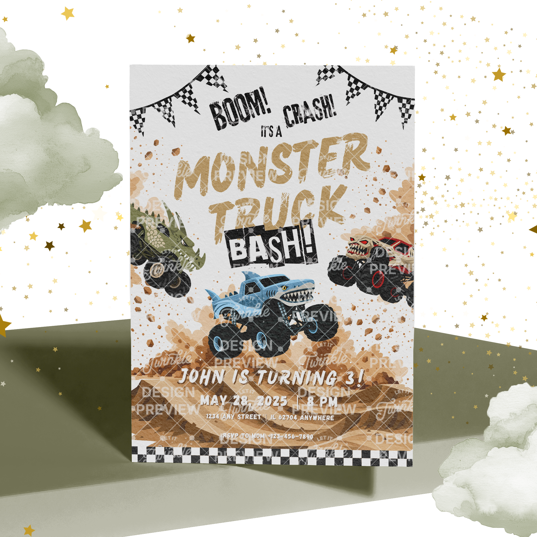 Monstertruck Geburtstagseinladung Lila & Blau