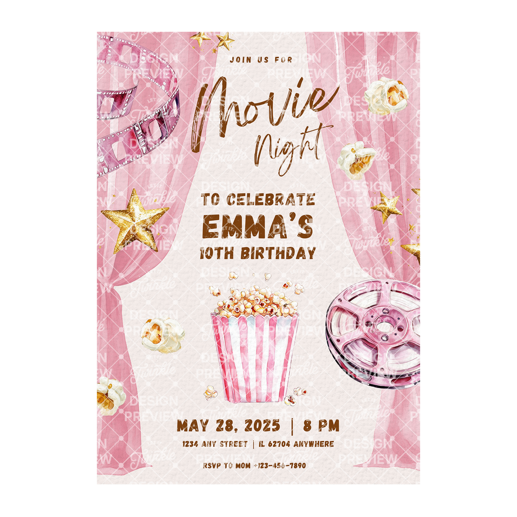 Movie Night Birthday Invitation Template • Editable Canva Invitation • Pink & Gold