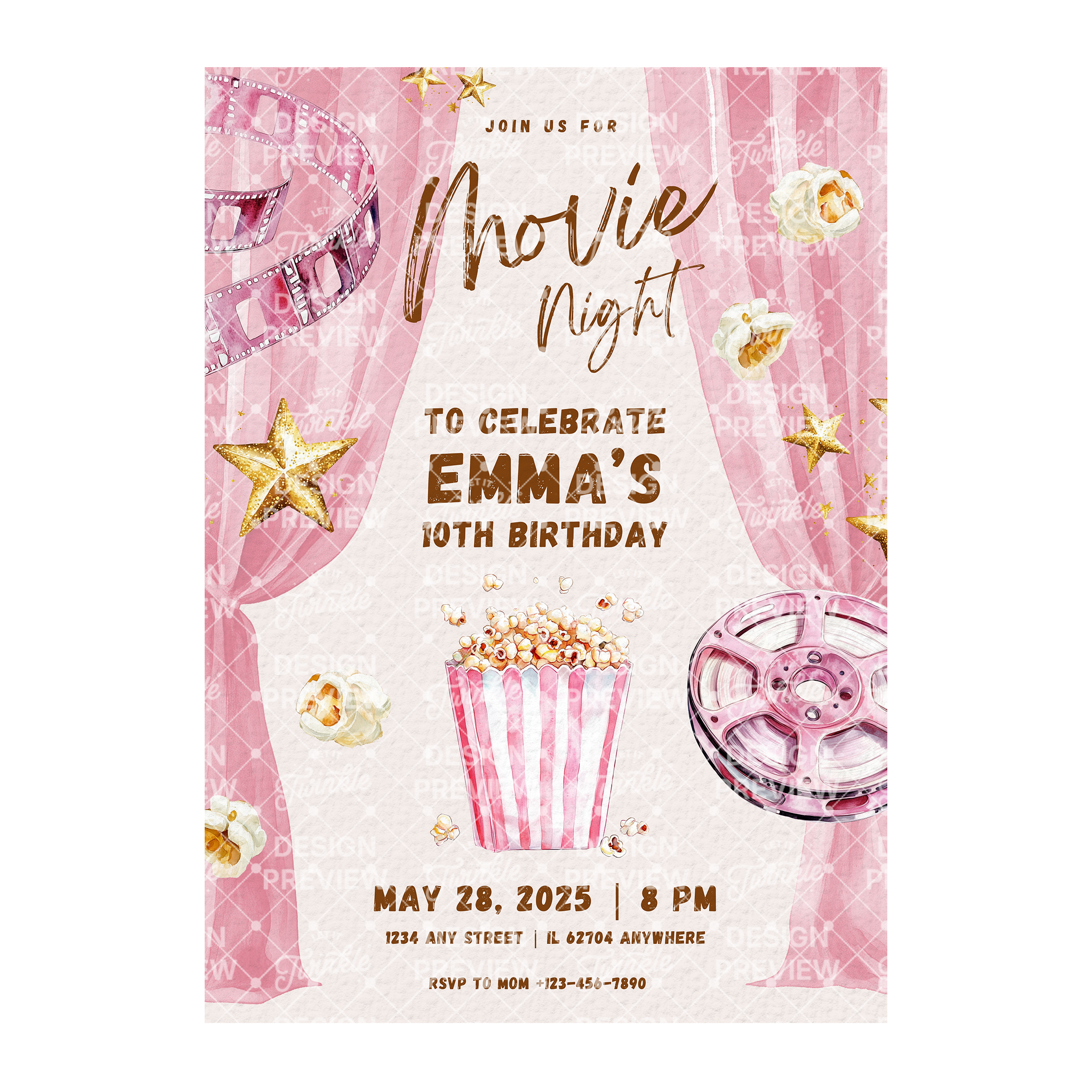 Movie Night Birthday Invitation Template • Editable Canva Invitation • Pink & Gold