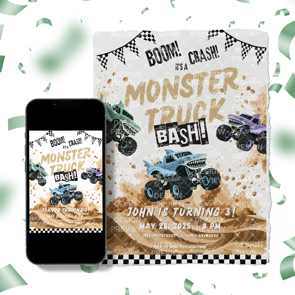 Monster Truck Bash Birthday Invitation Template • Editable Canva Invitation • Blue, Turquoise & Purple