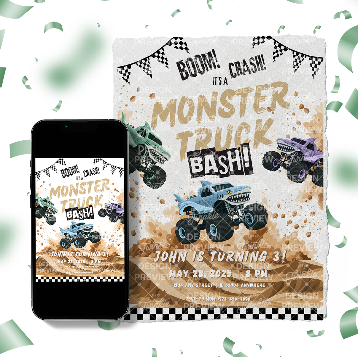 Monster Truck Bash Birthday Invitation Template • Editable Canva Invitation • Blue, Turquoise & Purple