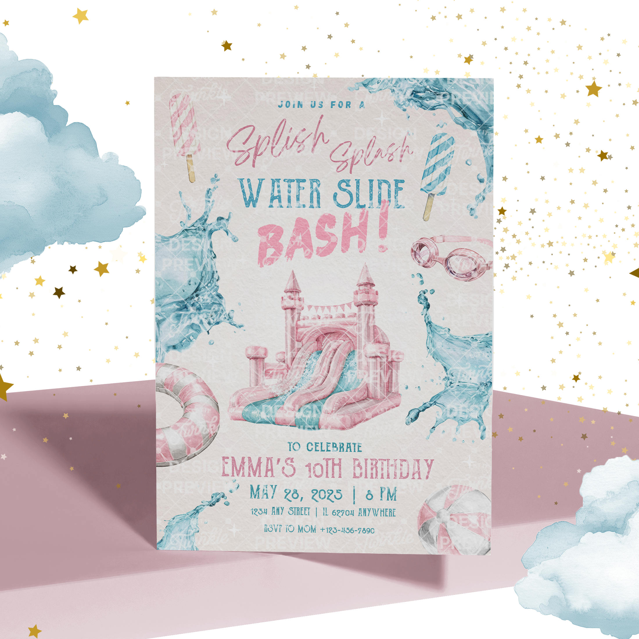 Poolparty-Geburtstagseinladung Beige & Gold