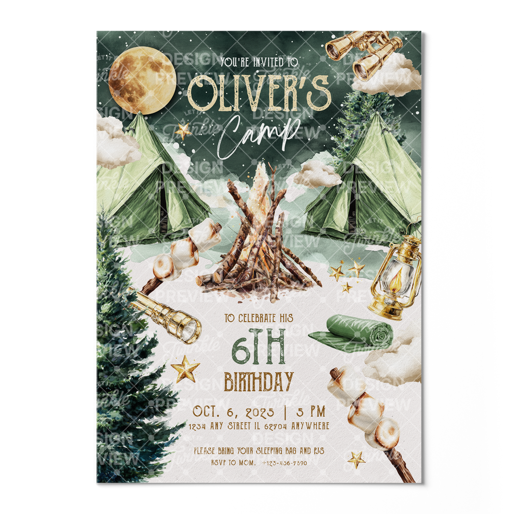Camping Birthday Invitation Template • Editable Canva Invitation • Beige & Green