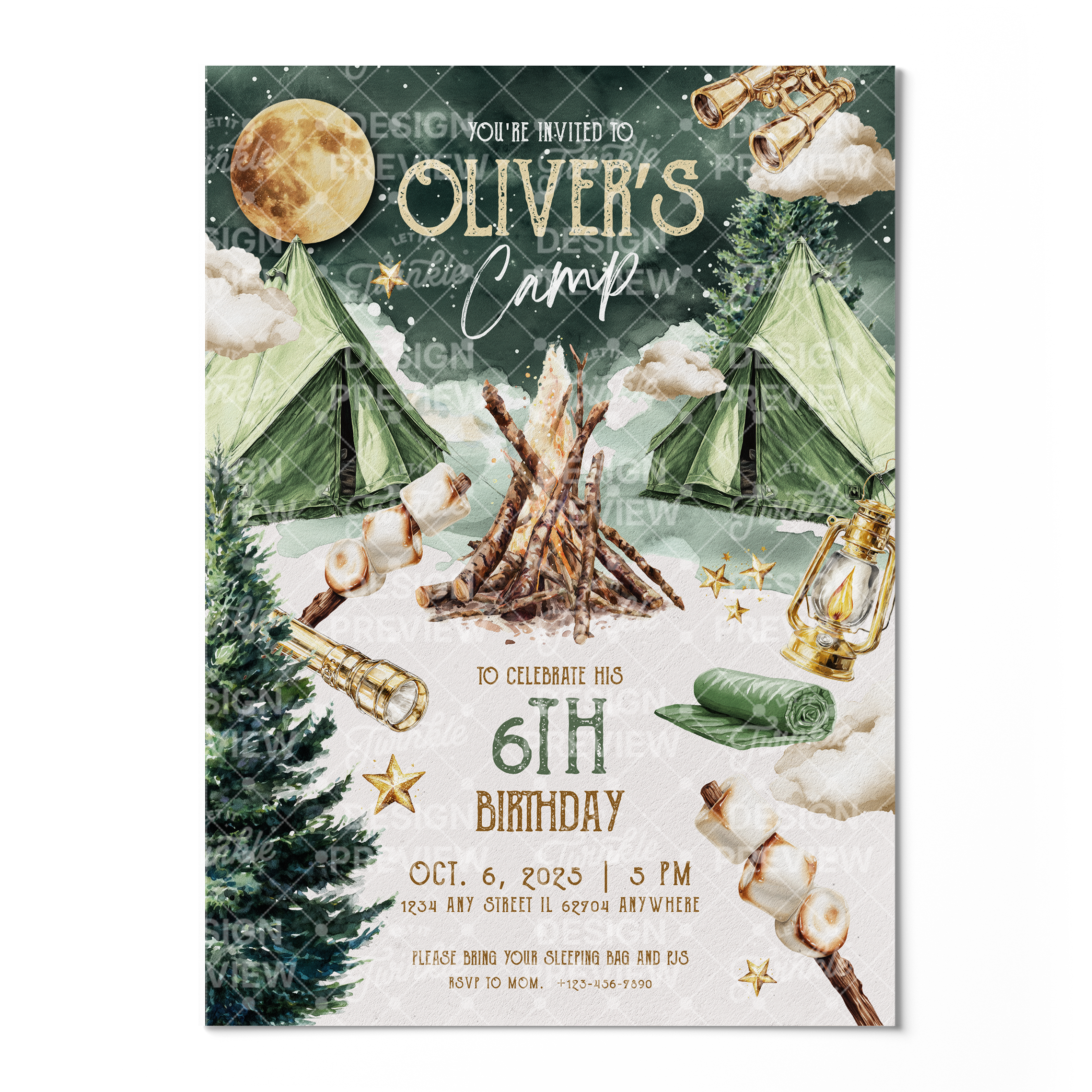 Camping Birthday Invitation Template • Editable Canva Invitation • Beige & Green