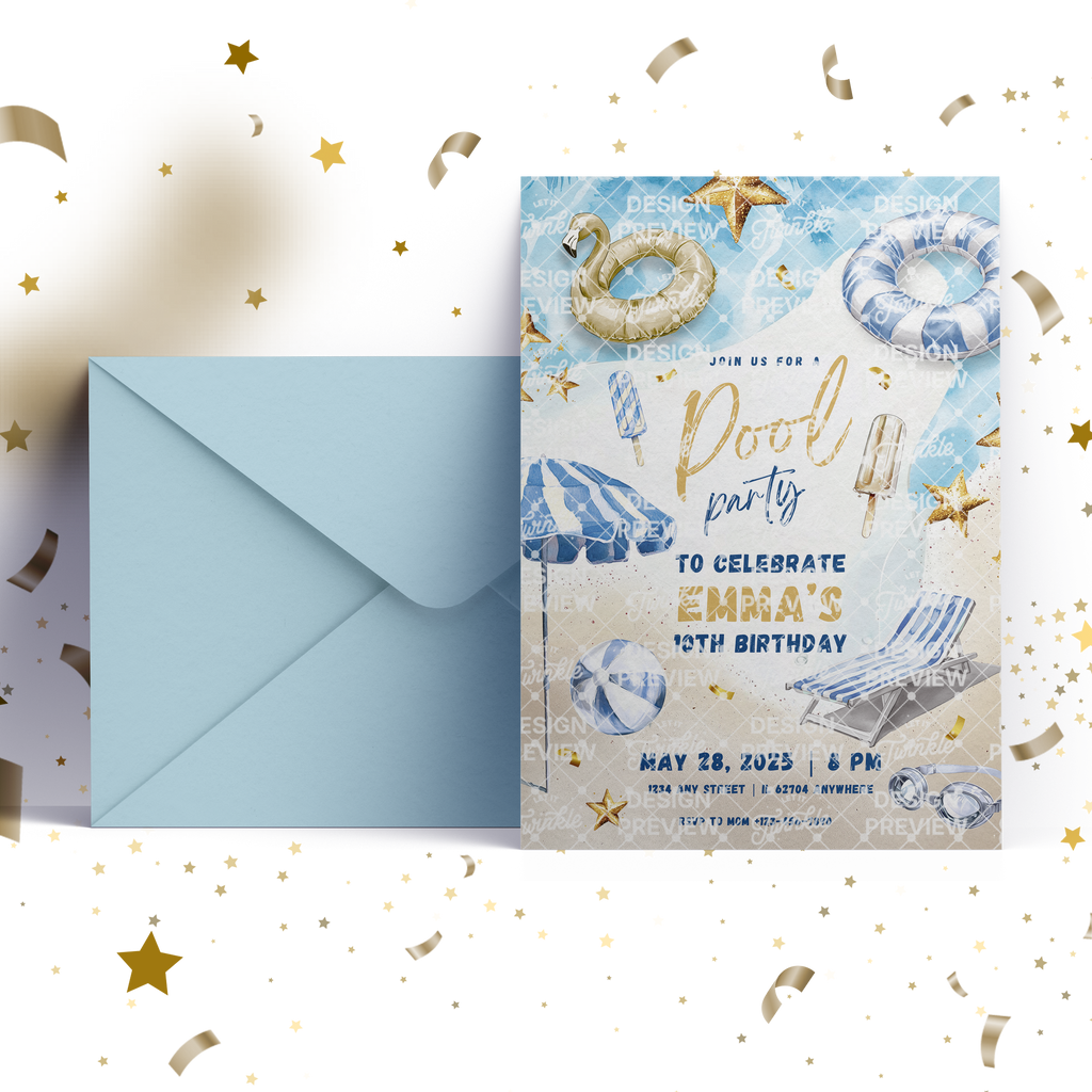 Pool Party Birthday Invitation Template • Editable Canva Invitation • Blue & Gold