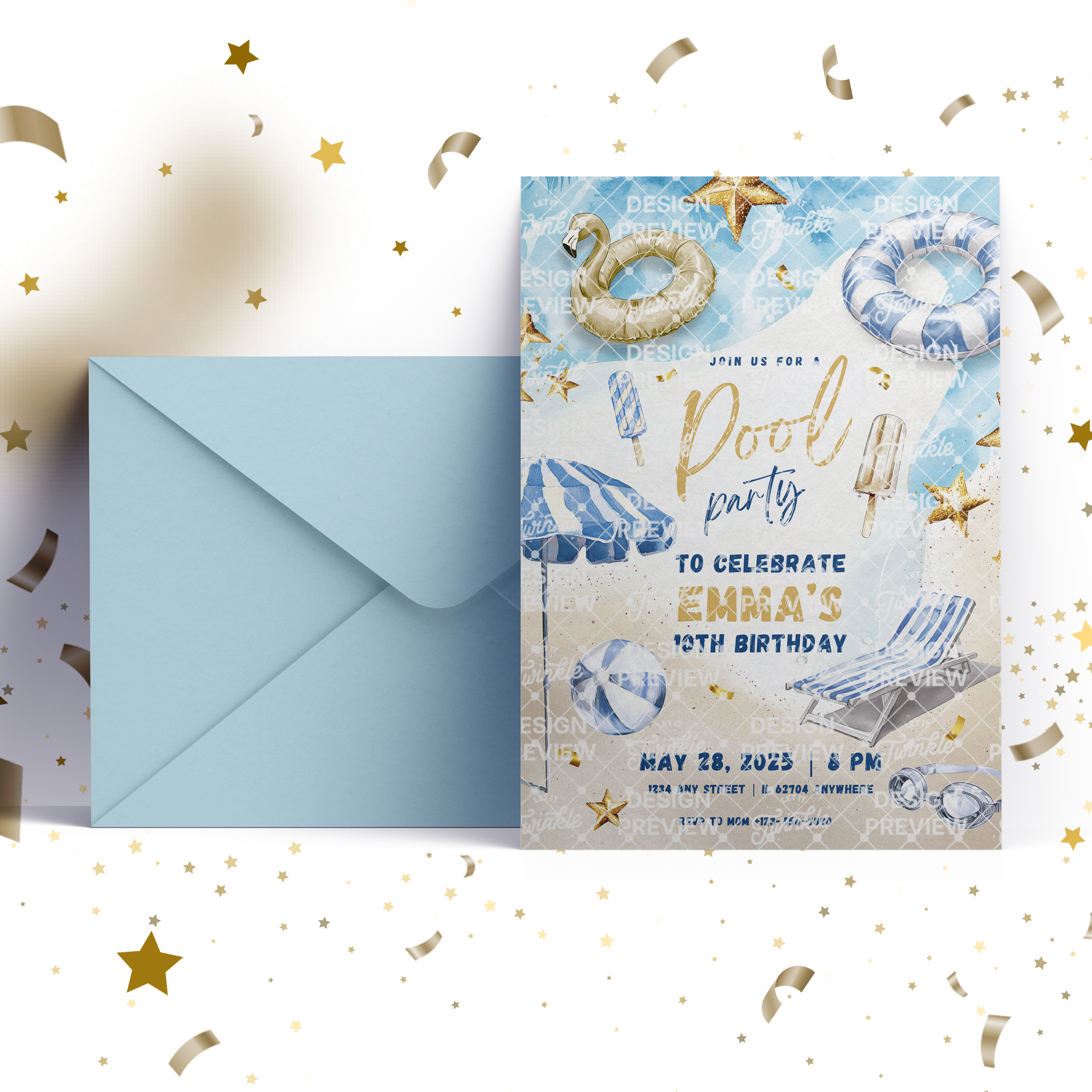 Pool Party Birthday Invitation Template • Editable Canva Invitation • Blue & Gold