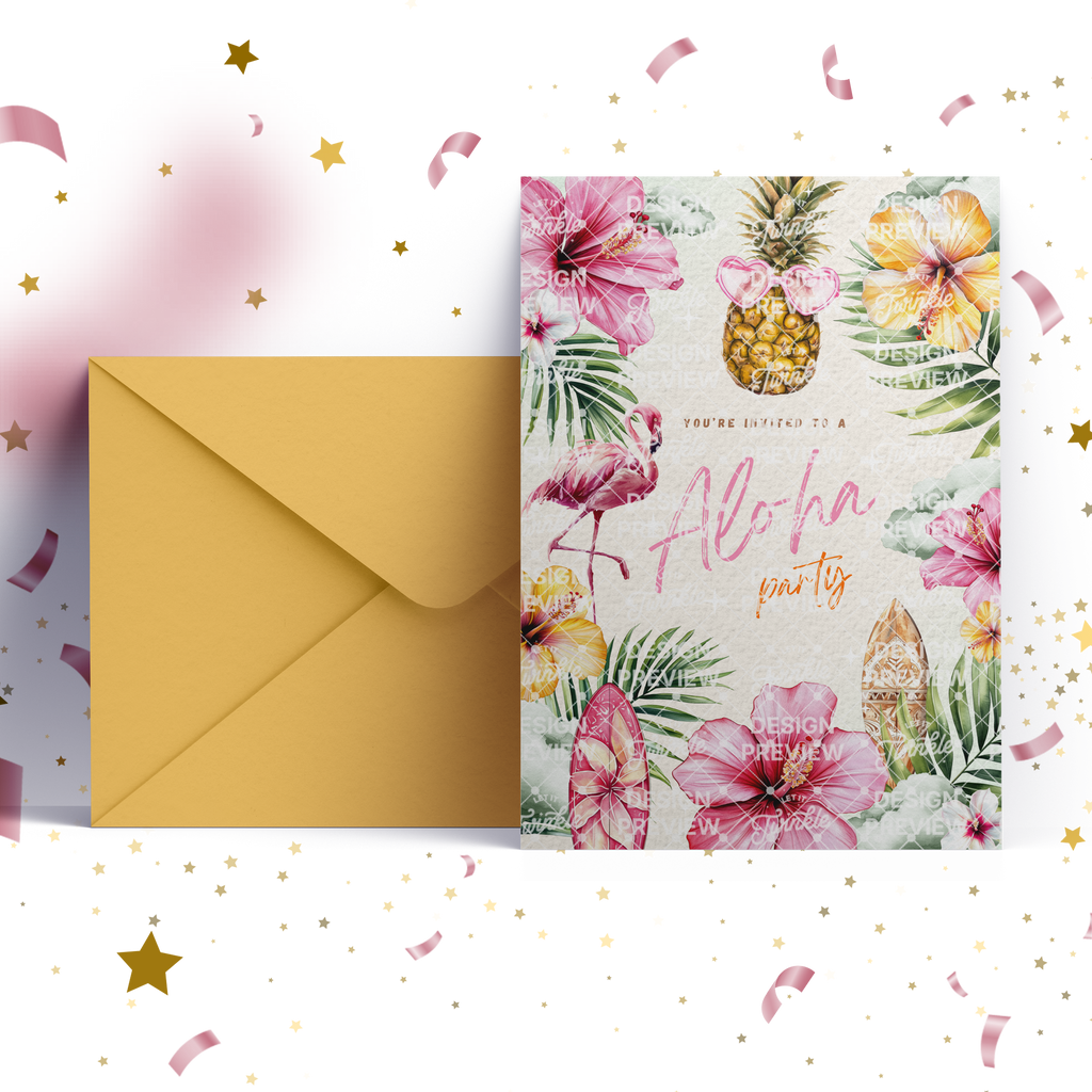 Aloha Birthday Invitation Template • Editable Canva Invitation • Yellow & Pink