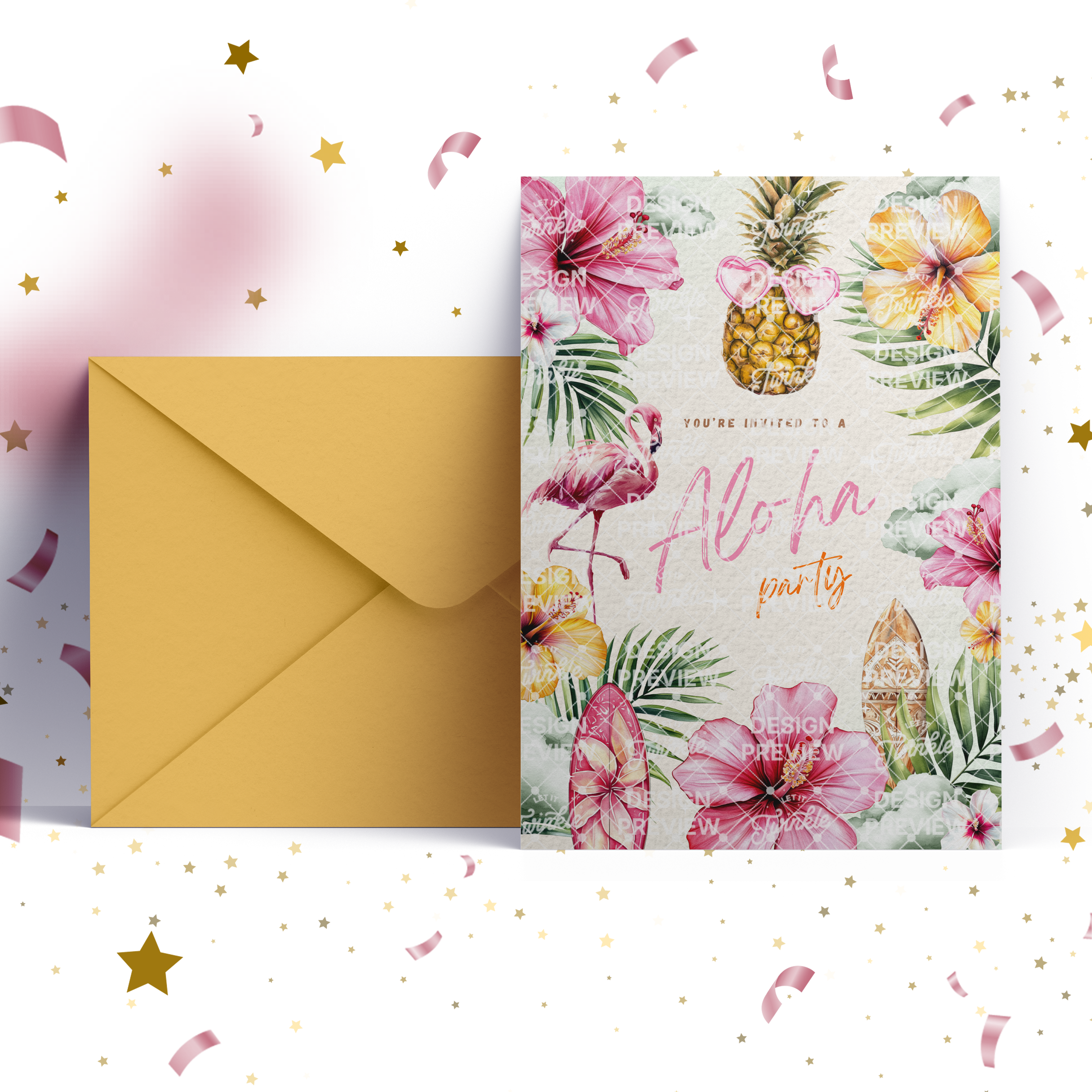 Aloha Birthday Invitation Template • Editable Canva Invitation • Yellow & Pink
