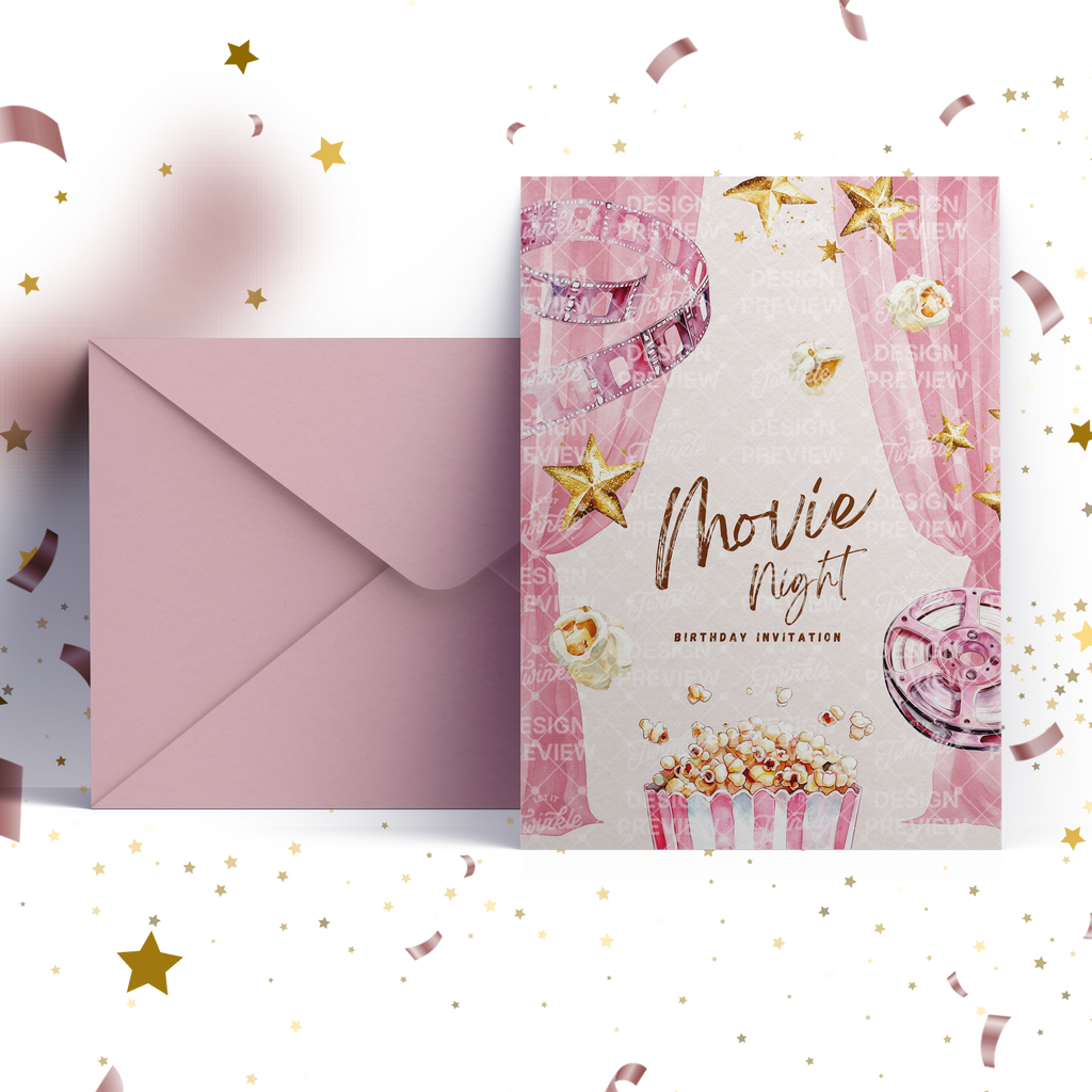 Movie Night Birthday Invitation Template • Editable Canva Invitation • Pink & Gold