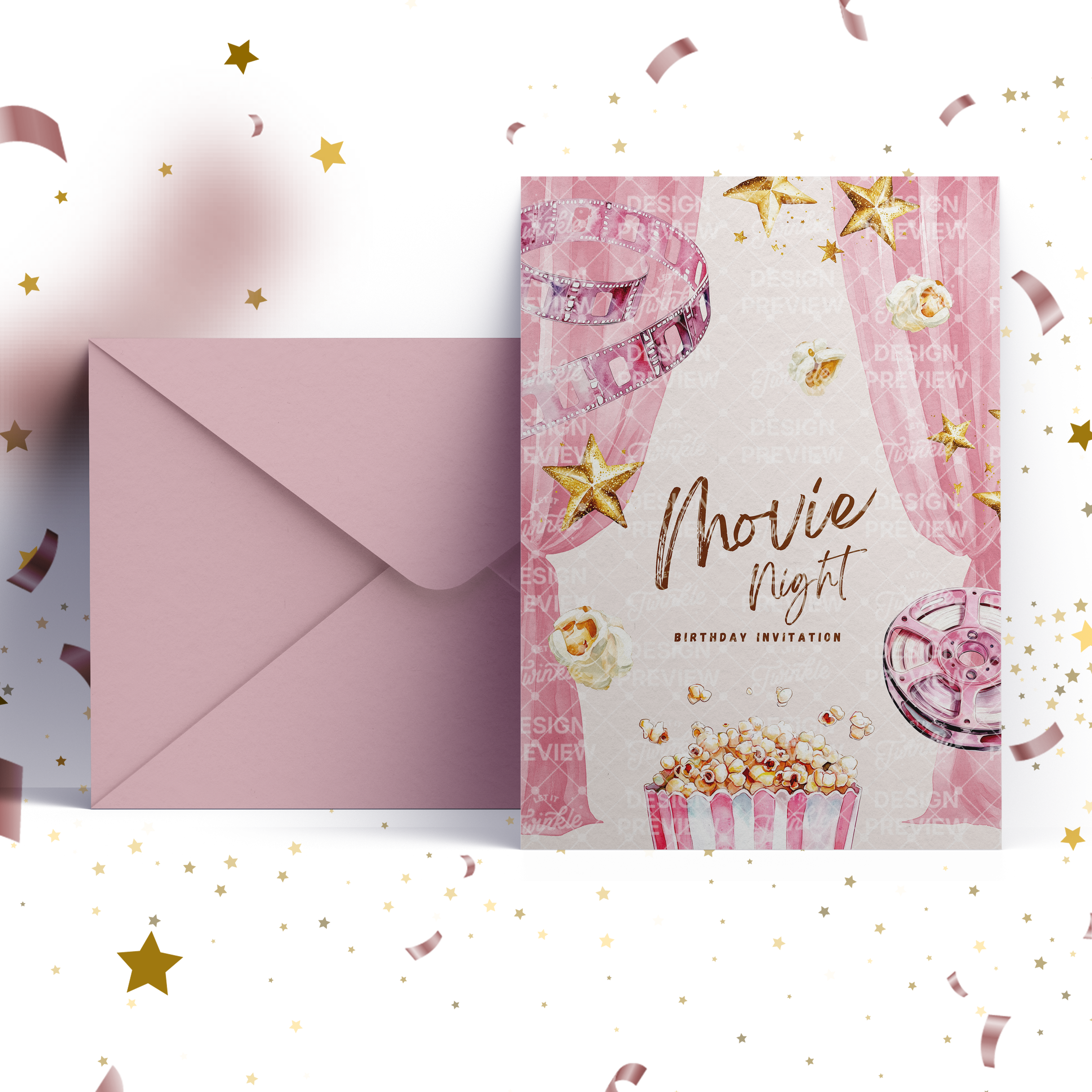 Movie Night Birthday Invitation Template • Editable Canva Invitation • Pink & Gold