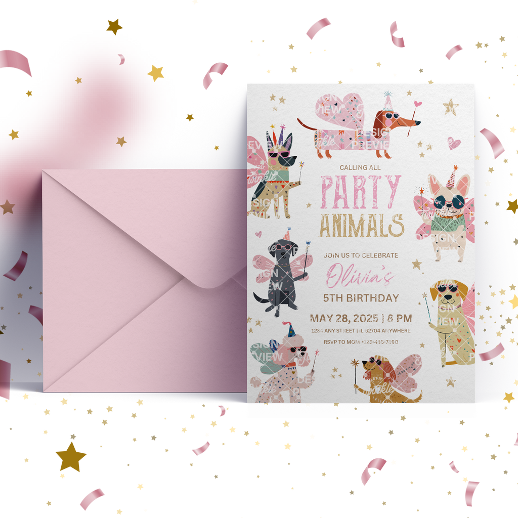 Let's Pawty Birthday Invitation Template • Editable Canva Invitation • Pink