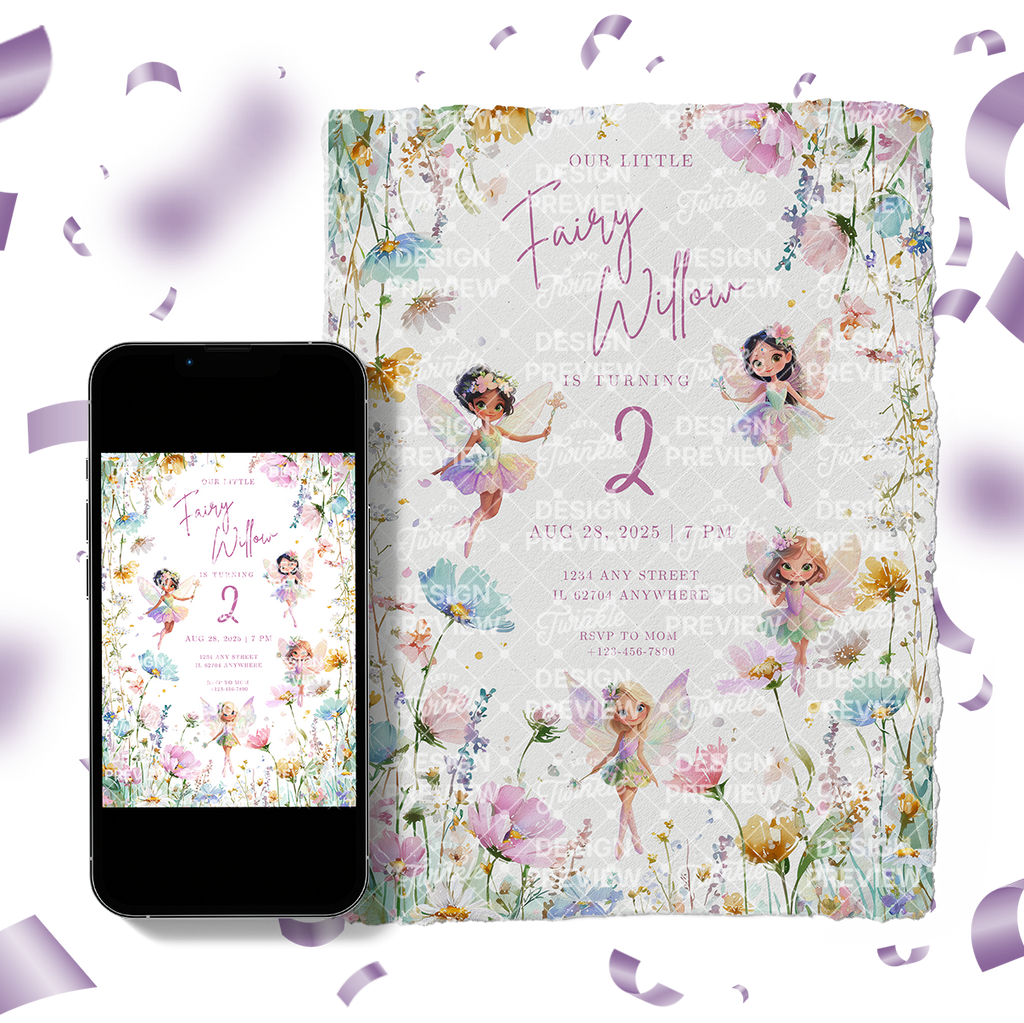 Fairy Flowers Birthday Invitation Template • Editable Canva Invitation • Pastel