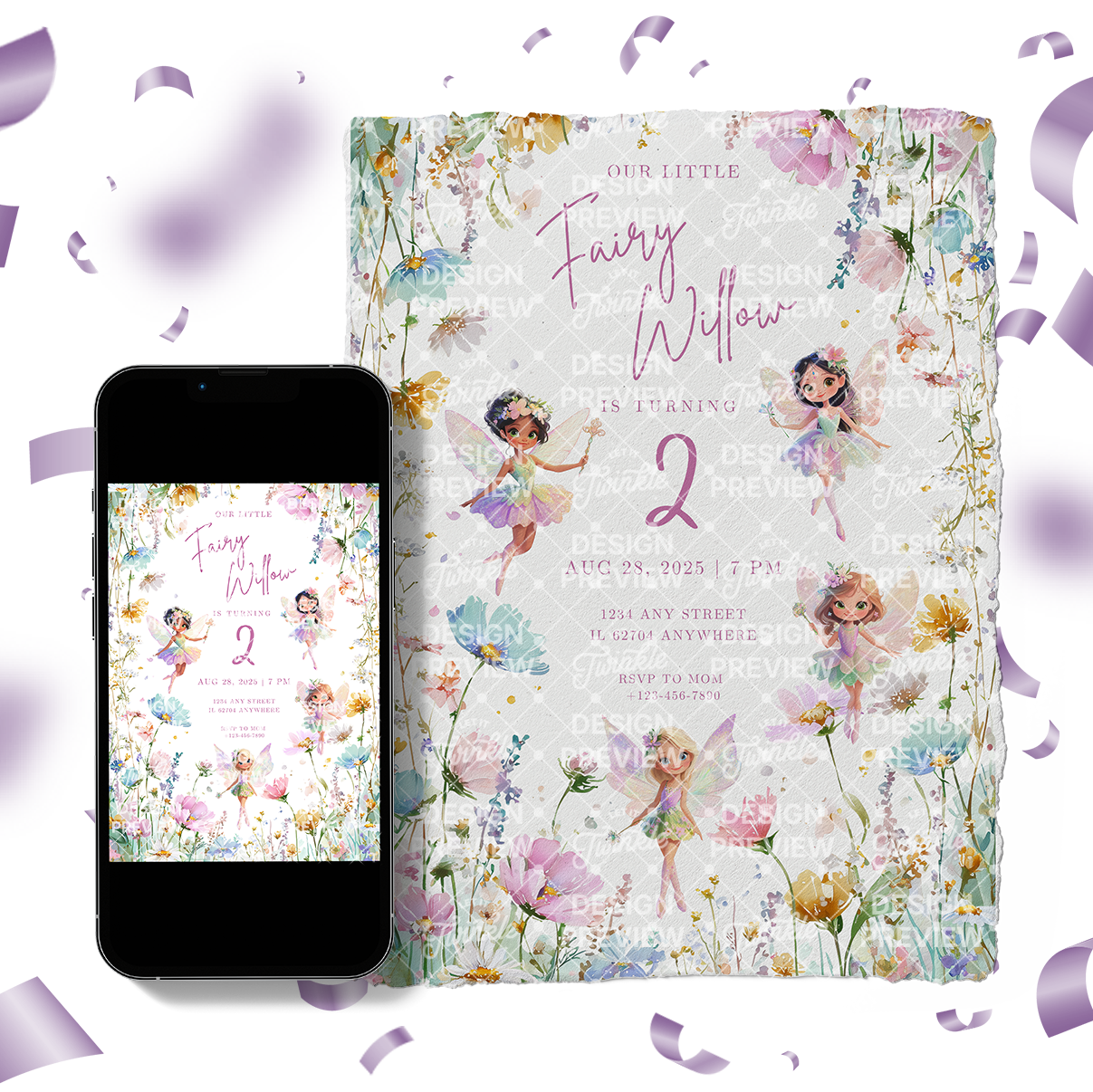Fairy Flowers Birthday Invitation Template • Editable Canva Invitation • Pastel