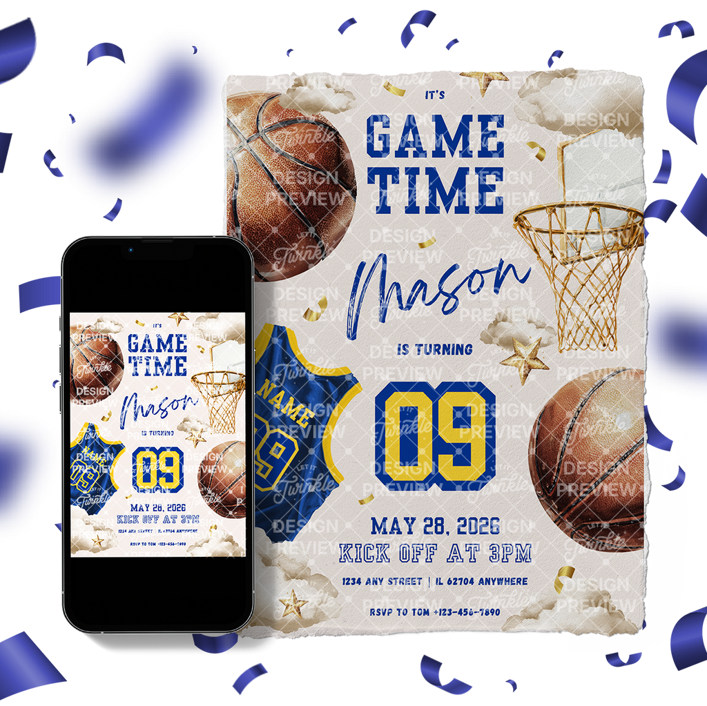 Basketball Geburtstagseinladung Blau & Gelb