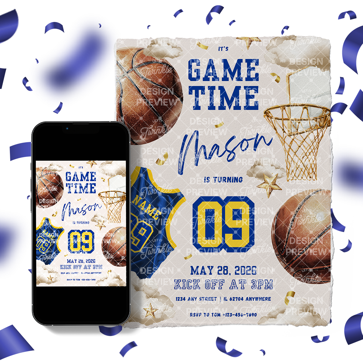 Basketball Geburtstagseinladung Blau & Gelb