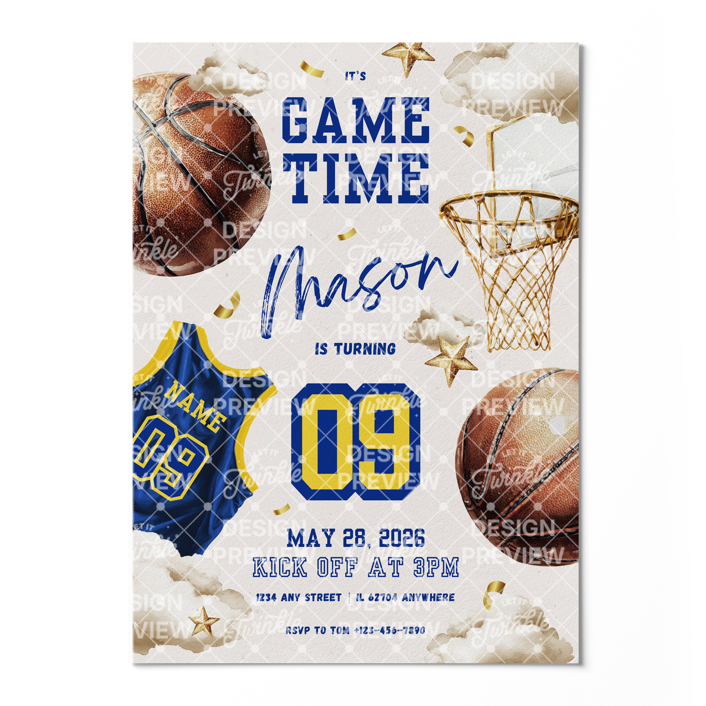 Basketball Geburtstagseinladung Blau & Gelb