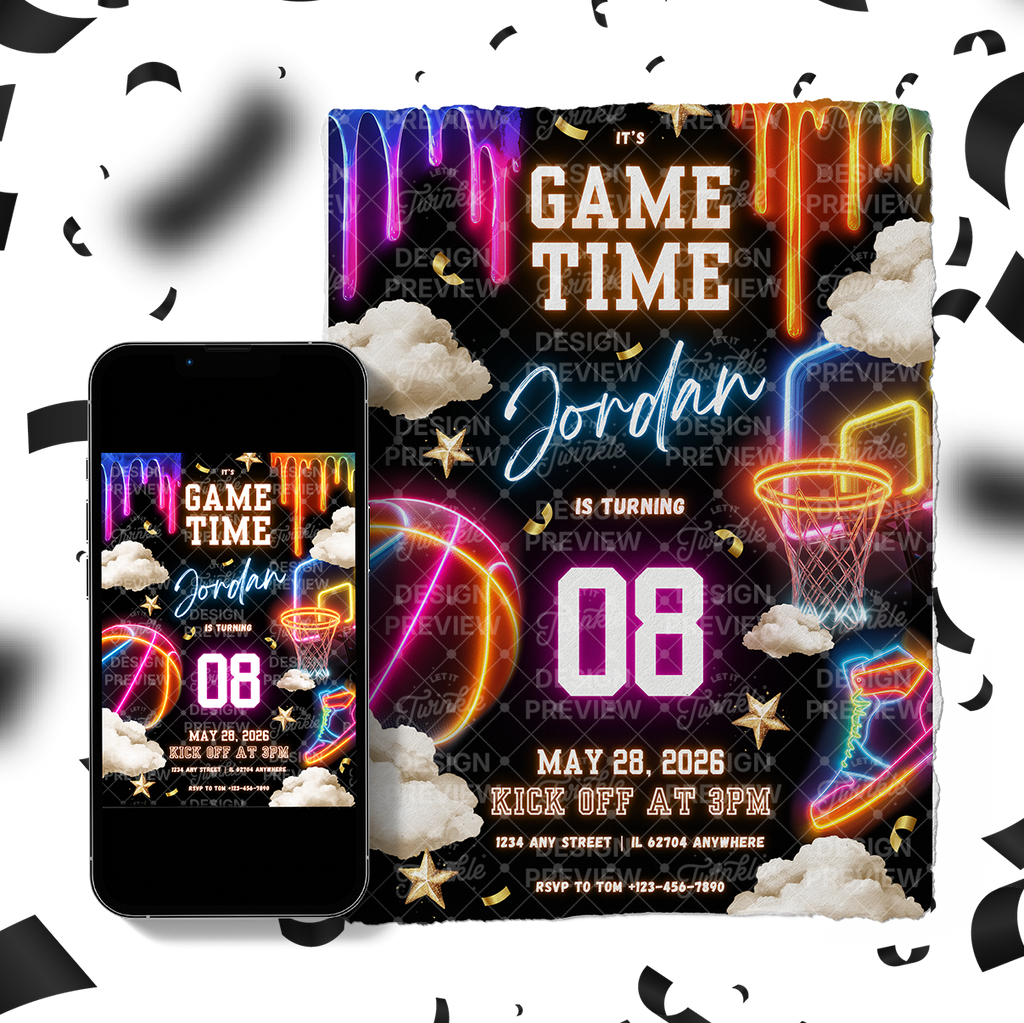 Basketball Birthday Invitation Template • Editable Canva Invitation • Neon & Black