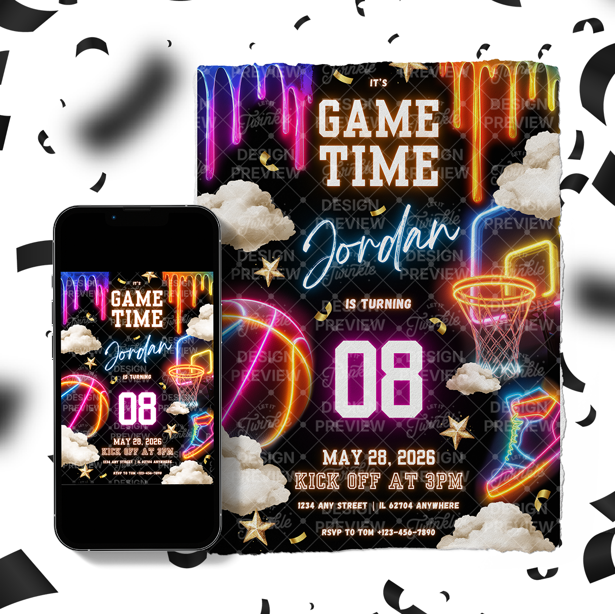 Basketball Birthday Invitation Template • Editable Canva Invitation • Neon & Black