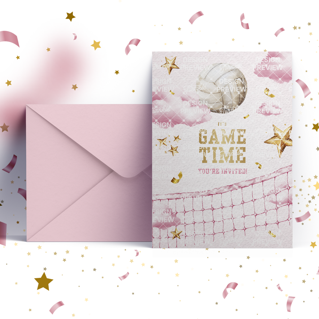 Volleyball Birthday Invitation Template • Editable Canva Invitation • Pink & Gold