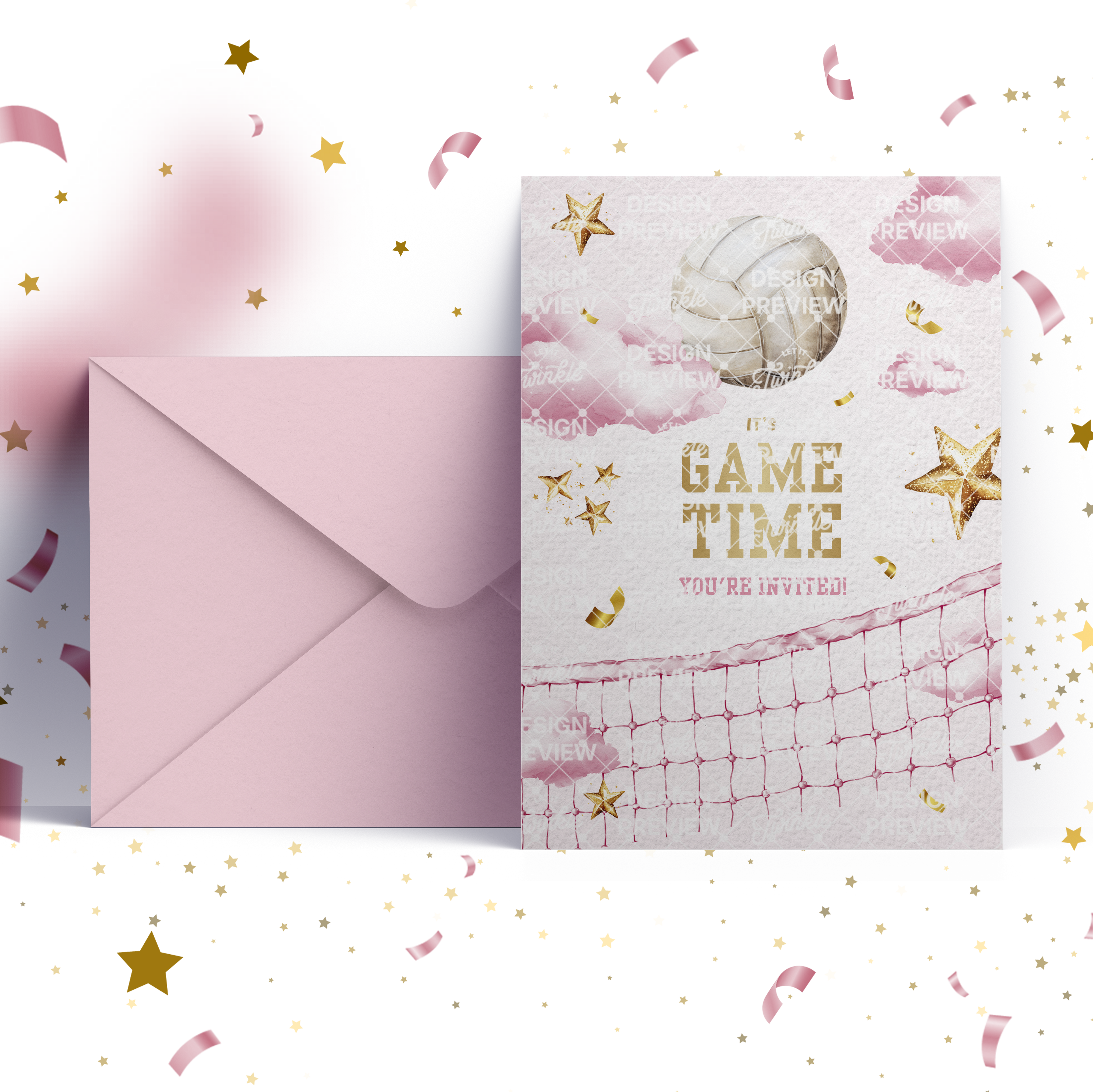Volleyball Birthday Invitation Template • Editable Canva Invitation • Pink & Gold