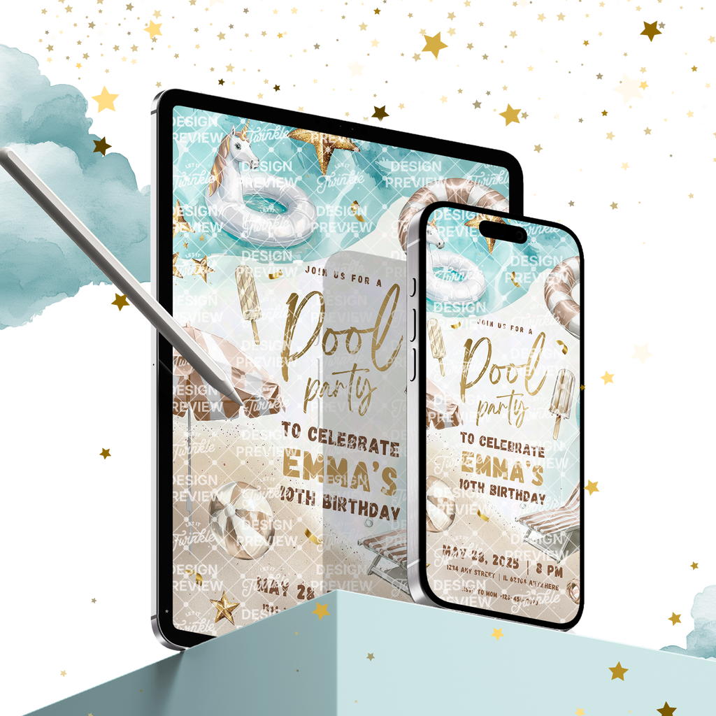 Poolparty-Geburtstagseinladung Beige & Gold