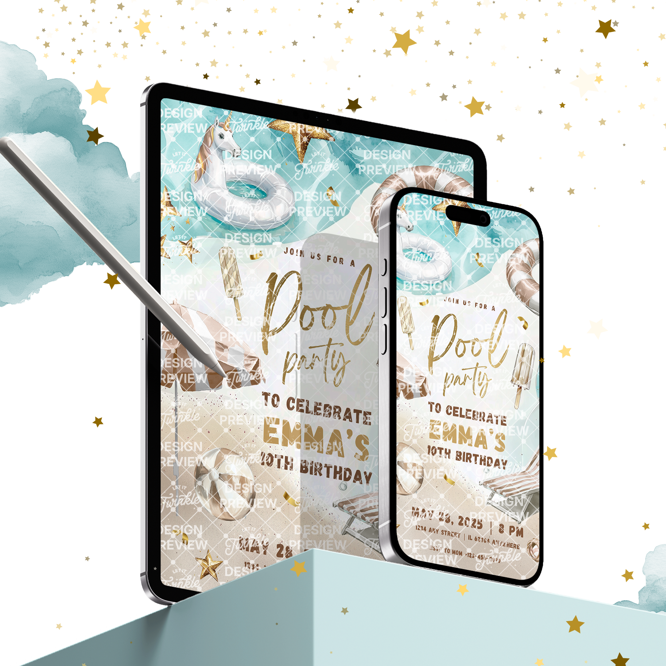 Poolparty-Geburtstagseinladung Beige & Gold