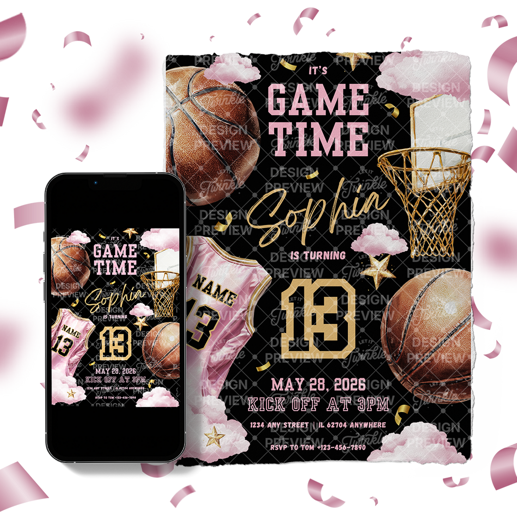 Basketball Birthday Invitation Template • Editable Canva Invitation • Pink & Black