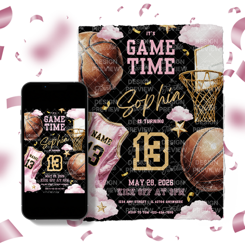 Basketball Birthday Invitation Template • Editable Canva Invitation • Pink & Black