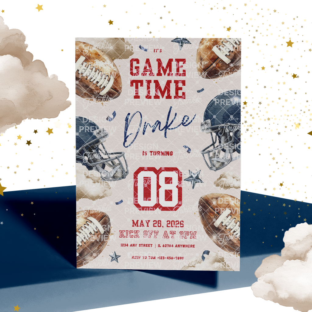 Football Birthday Invitation Template • Editable Canva Invitation • Blue & Red
