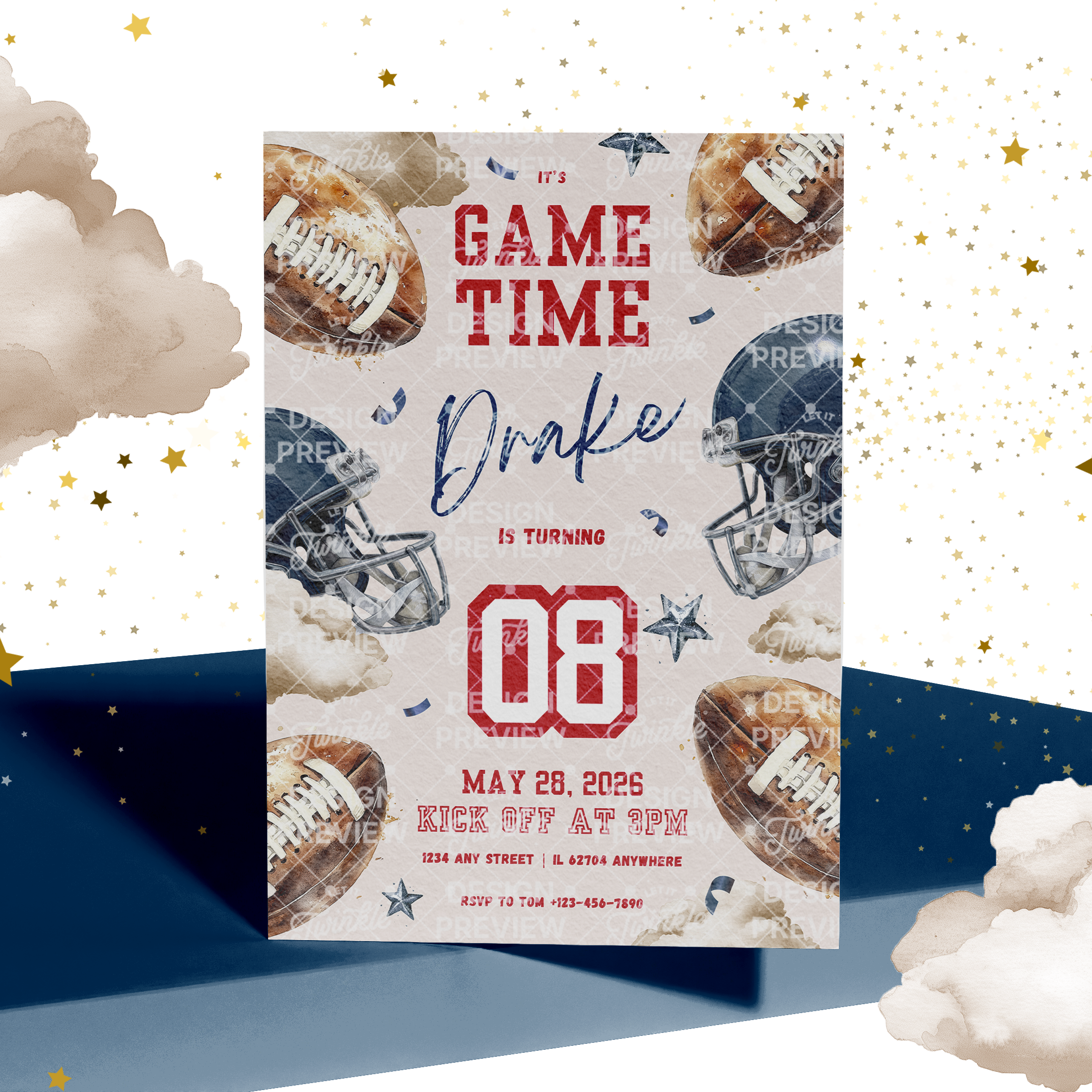 Football Birthday Invitation Template • Editable Canva Invitation • Blue & Red