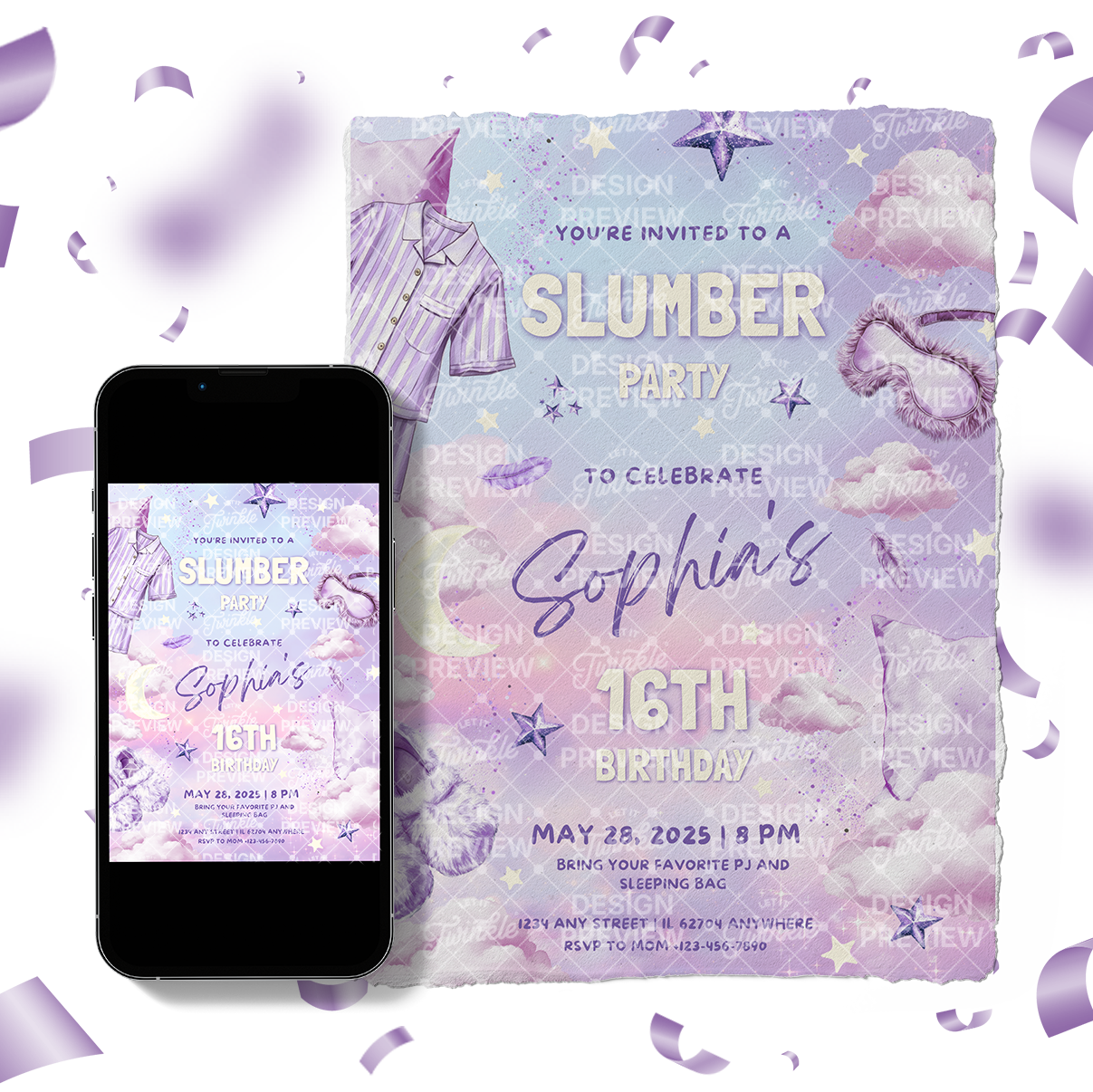 Pajama Party Birthday Invitation Template • Editable Canva Invitation • Purple & Pink