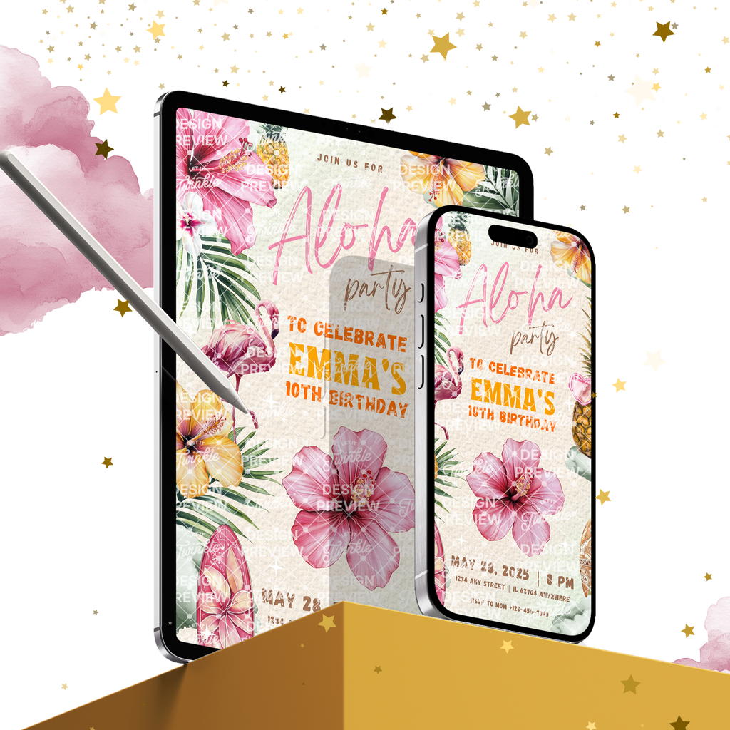 Aloha Birthday Invitation Template • Editable Canva Invitation • Yellow & Pink