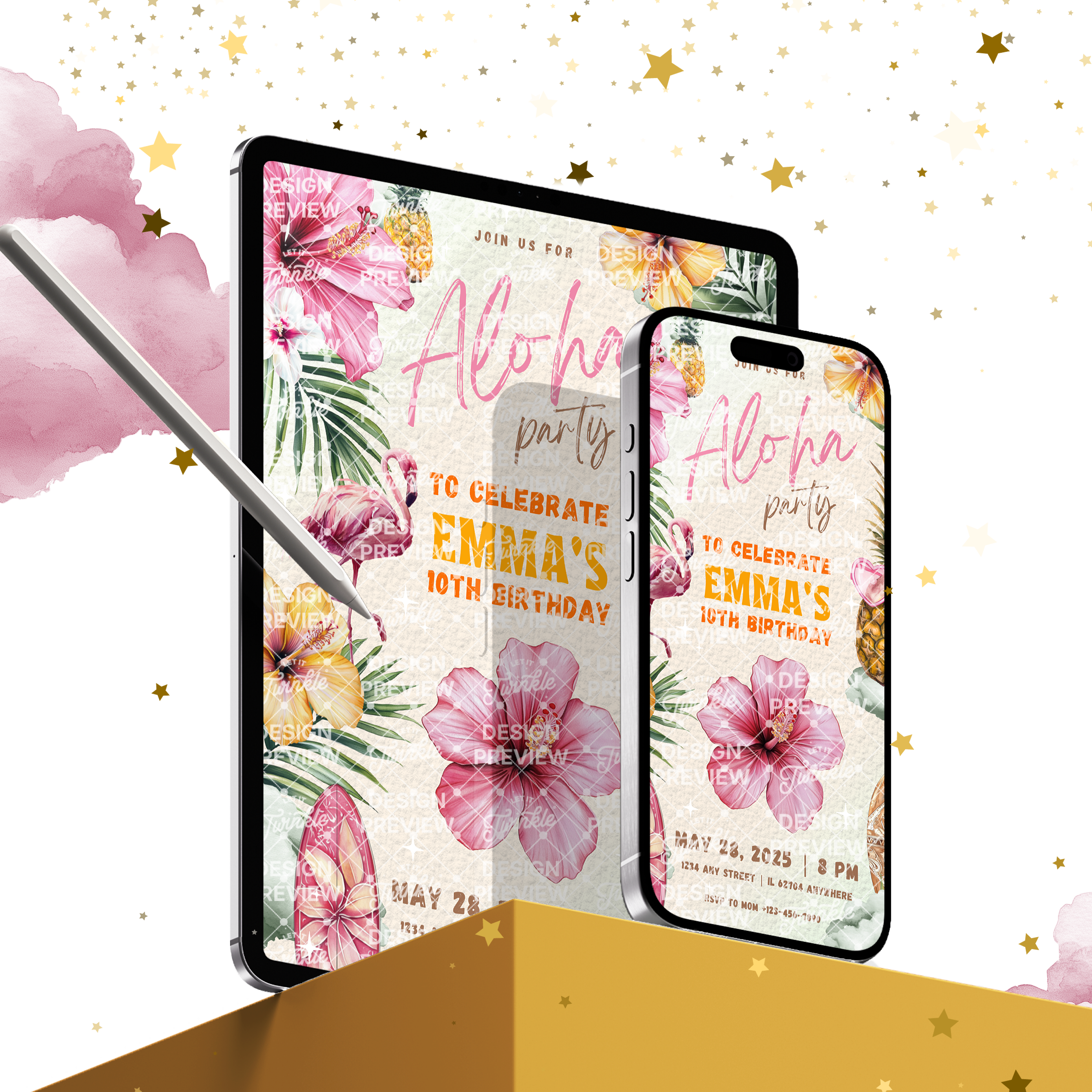 Aloha Birthday Invitation Template • Editable Canva Invitation • Yellow & Pink