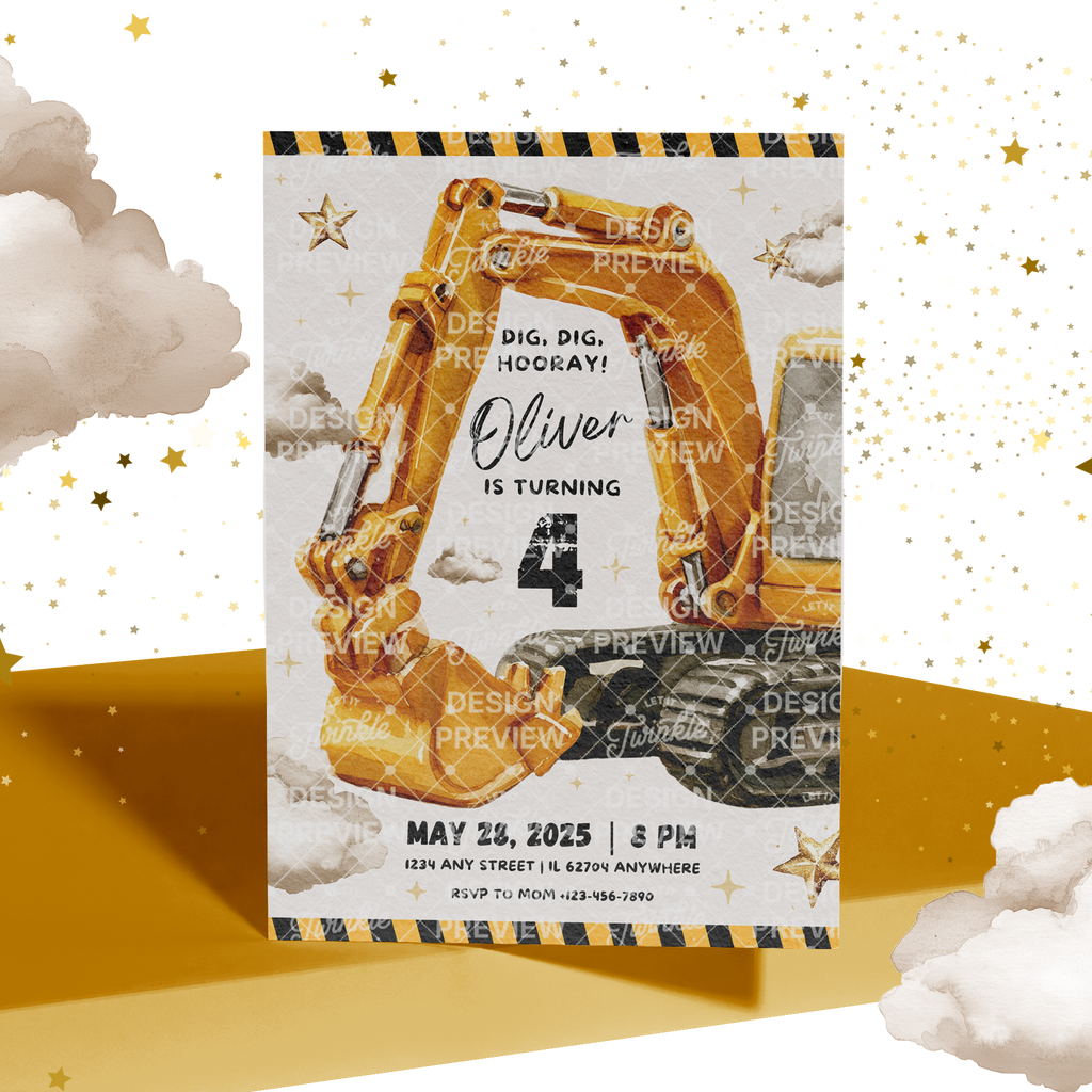 Digger Birthday Invitation Template • Editable Canva Invitation • Yellow, Beige & Gold