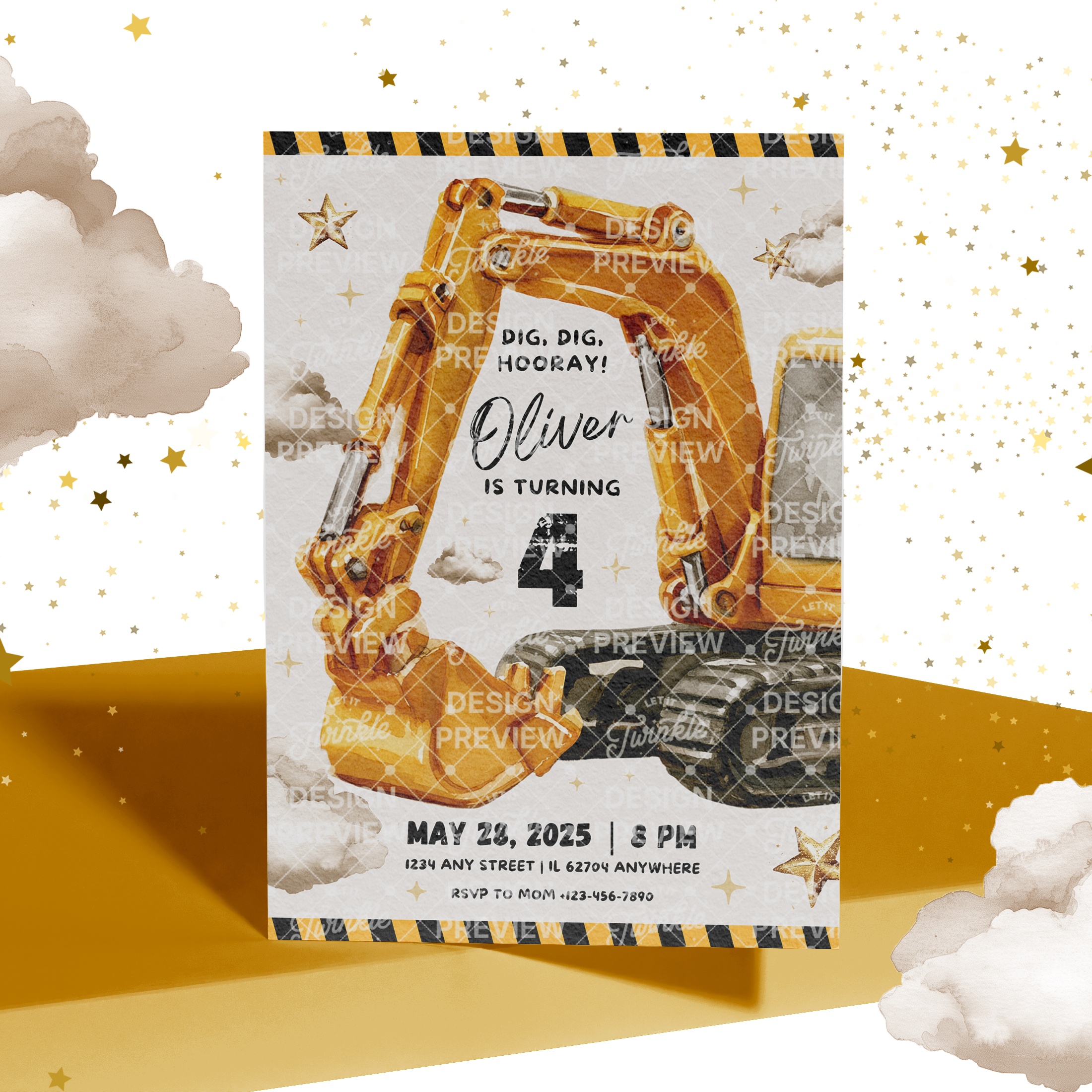 Digger Birthday Invitation Template • Editable Canva Invitation • Yellow, Beige & Gold