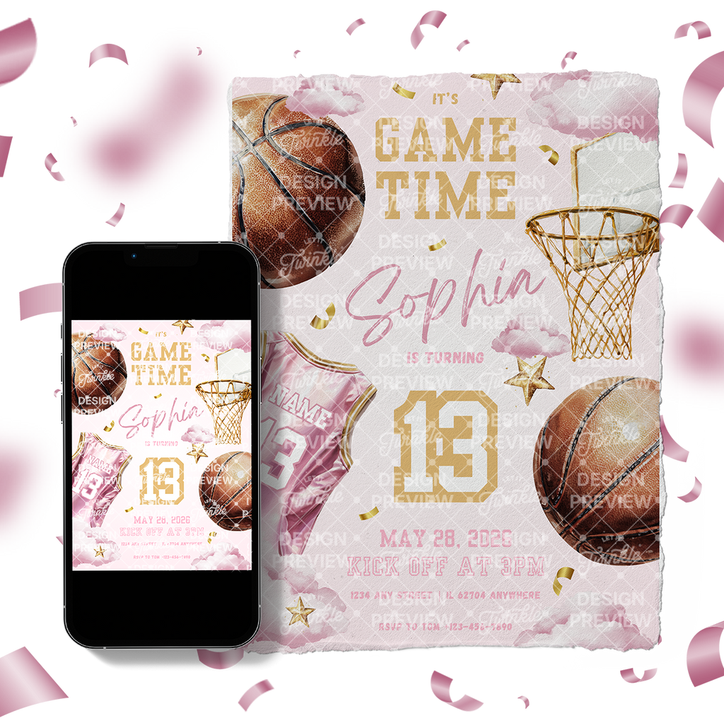Basketball Birthday Invitation Template • Editable Canva Invitation • Pink & Gold