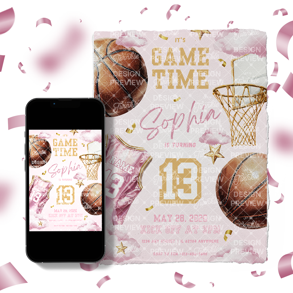Basketball Birthday Invitation Template • Editable Canva Invitation • Pink & Gold