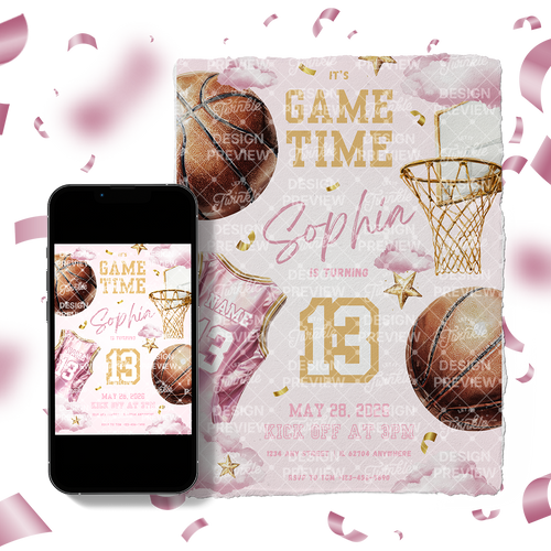 Basketball Birthday Invitation Template • Editable Canva Invitation • Pink & Gold