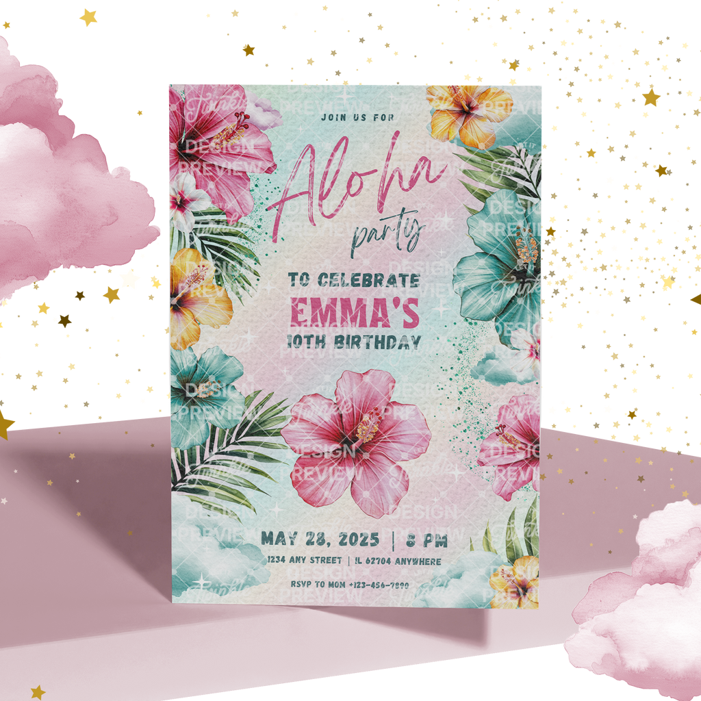 Aloha Birthday Invitation Template • Editable Canva Invitation • Pink & Turquoise