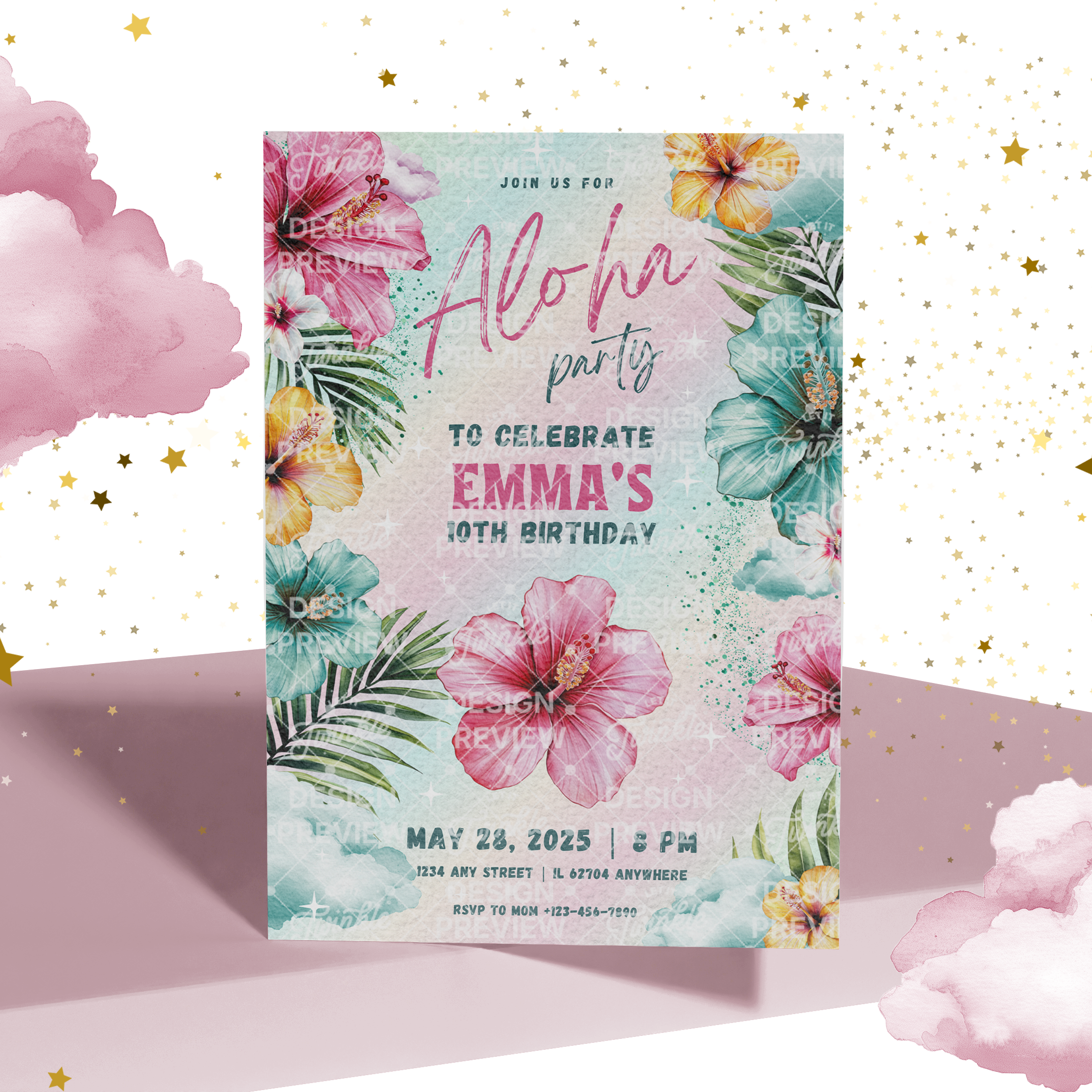Aloha Birthday Invitation Template • Editable Canva Invitation • Pink & Turquoise