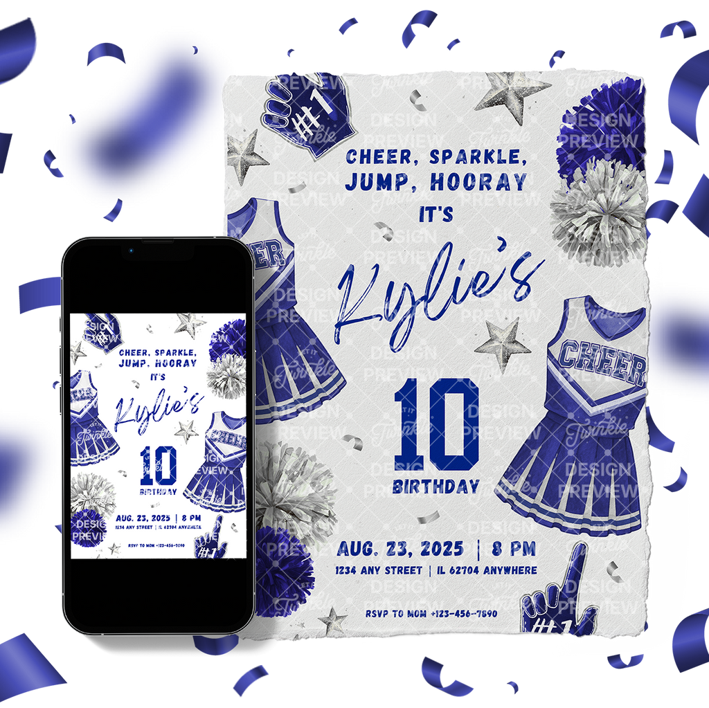 Cheerleader Birthday Invitation Template • Editable Canva Invitation • Blue & Silver