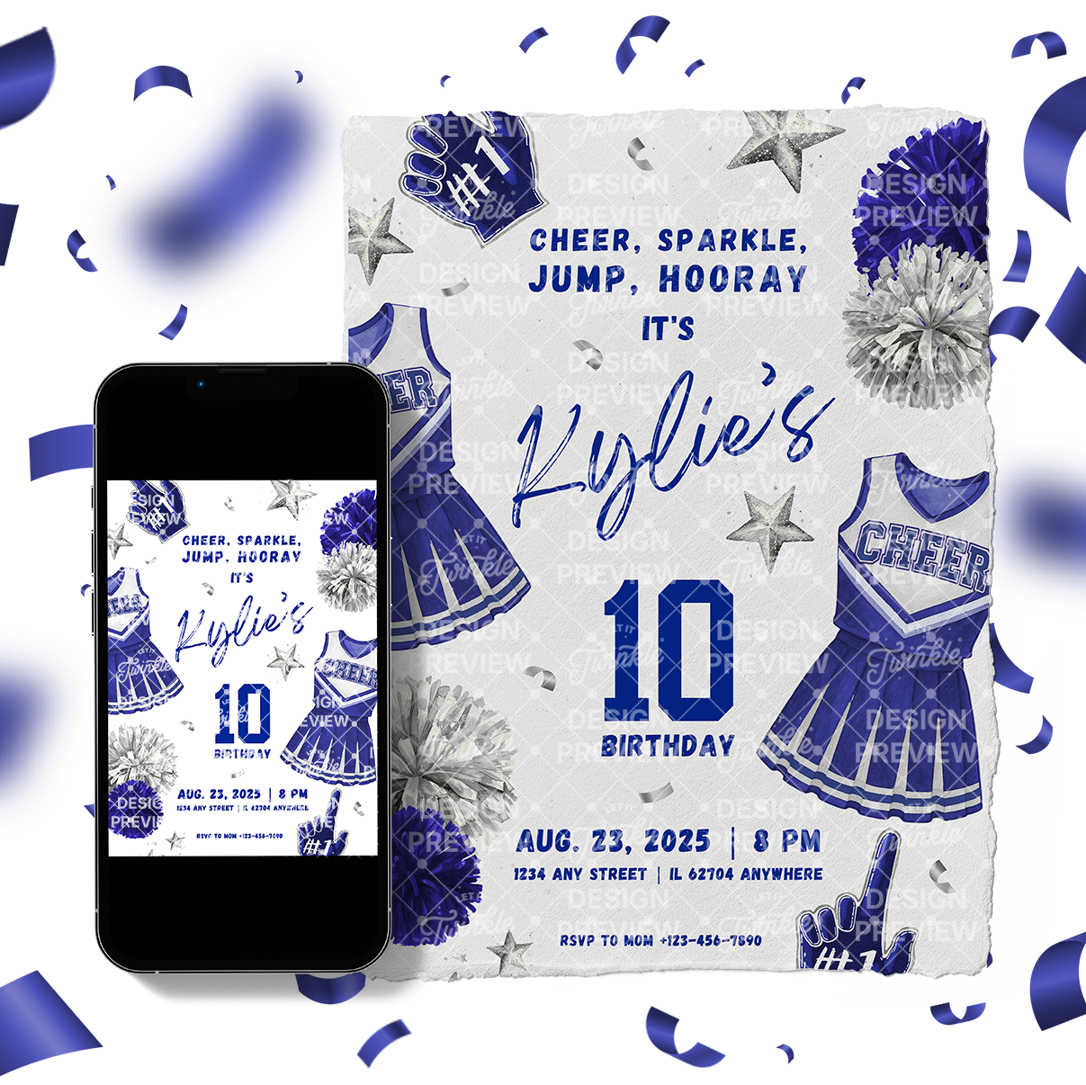 Cheerleader Birthday Invitation Template • Editable Canva Invitation • Blue & Silver