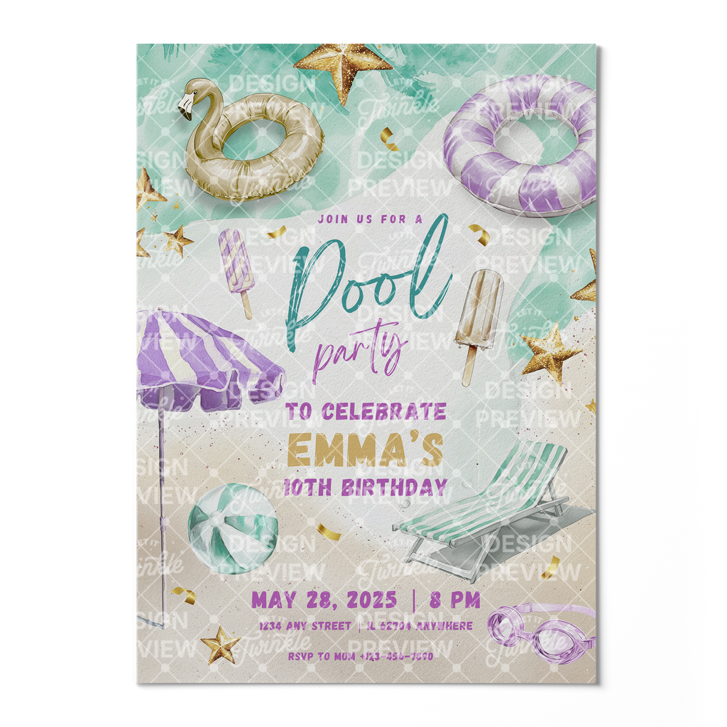 Pool Party Birthday Invitation Template • Editable Canva Invitation • Purple & Gold