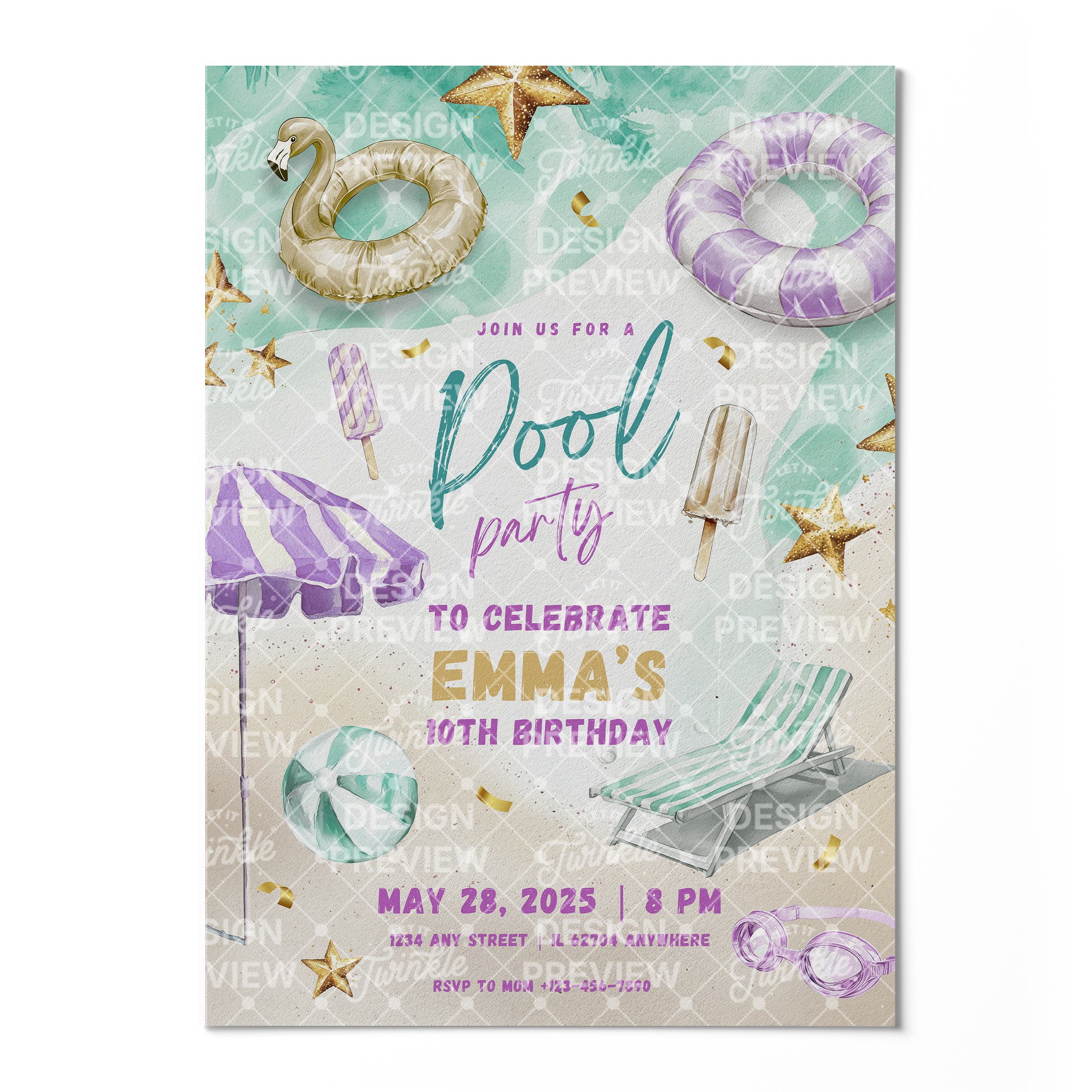 Pool Party Birthday Invitation Template • Editable Canva Invitation • Purple & Gold