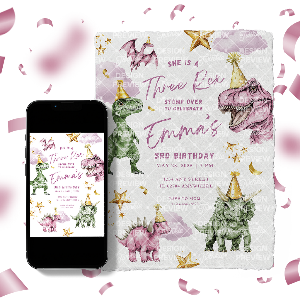 Three Rex Dinosaur Birthday Invitation Template • Editable Canva Invitation • Pink & Green