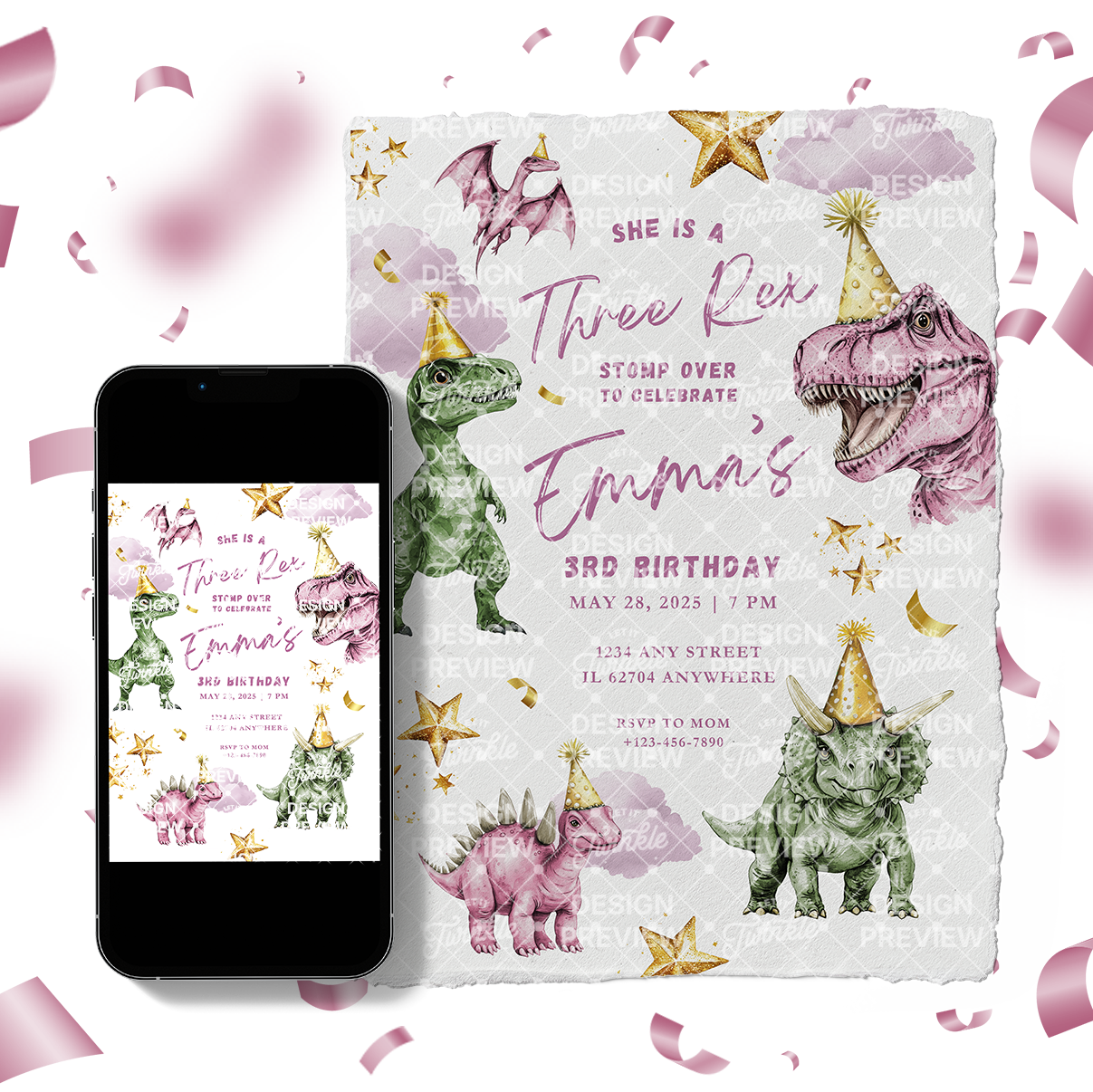 Three Rex Dinosaur Birthday Invitation Template • Editable Canva Invitation • Pink & Green